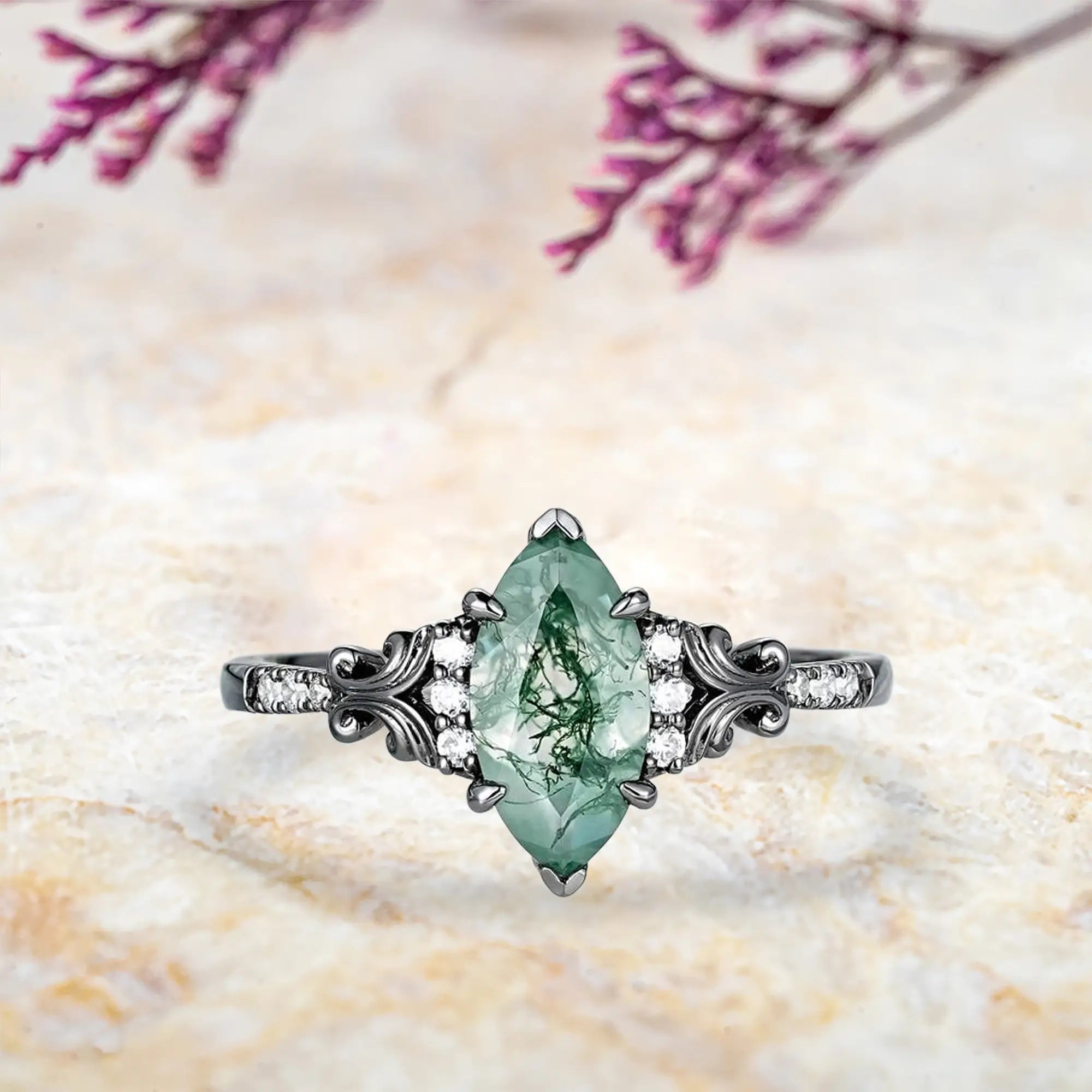 Marquise moss agate engagement ring with moissanite cluster in black gold vintage design