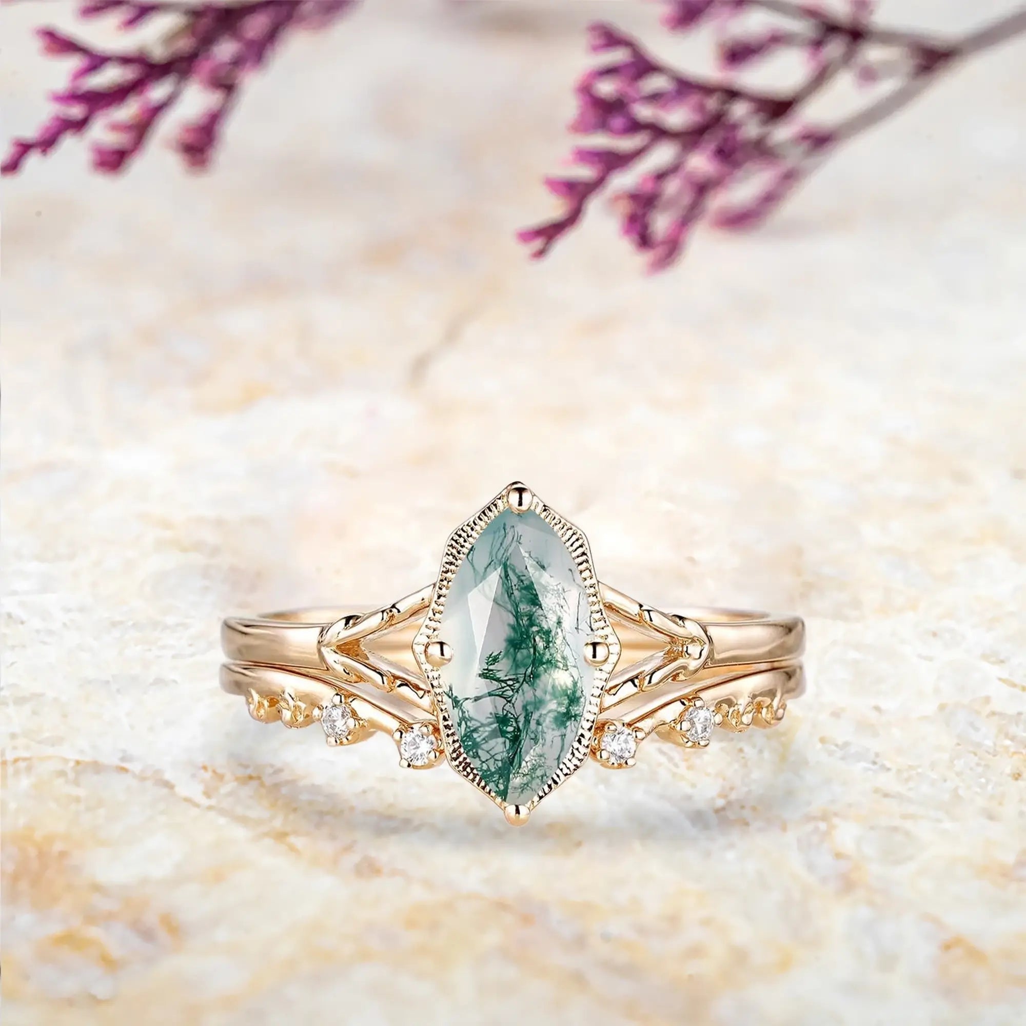 Marquise moss agate engagement ring with vintage milgrain split shank and open curved wedding band set in yellow gold