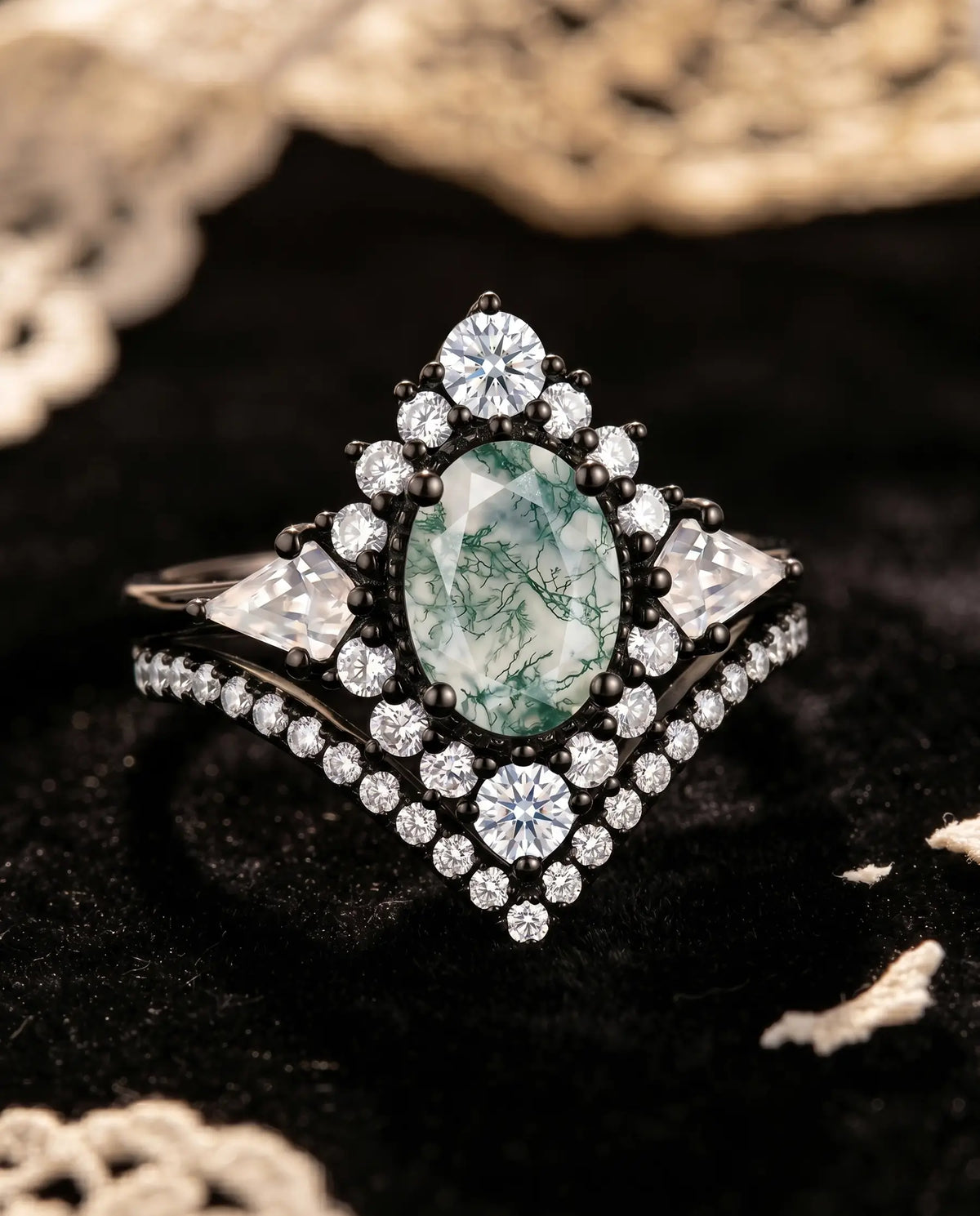 tudio showcase matrix of the gothic oval moss agate halo bridal set in black gold