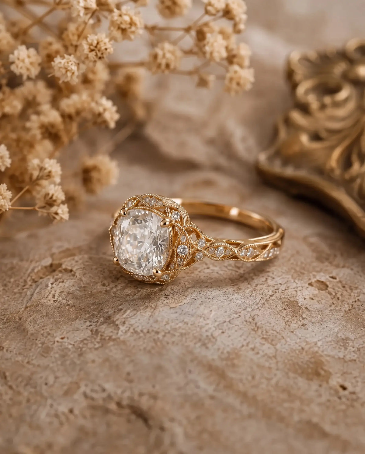 Edwardian inspired moissanite engagement ring with round halo stones gold rings