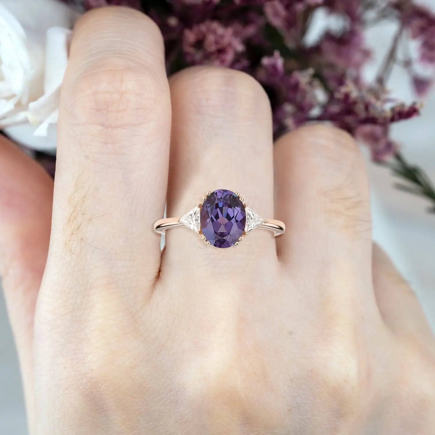 Rose Gold Lab Alexandrite Rings Three-Stone Engagement Ring for Ladies custom jewelry