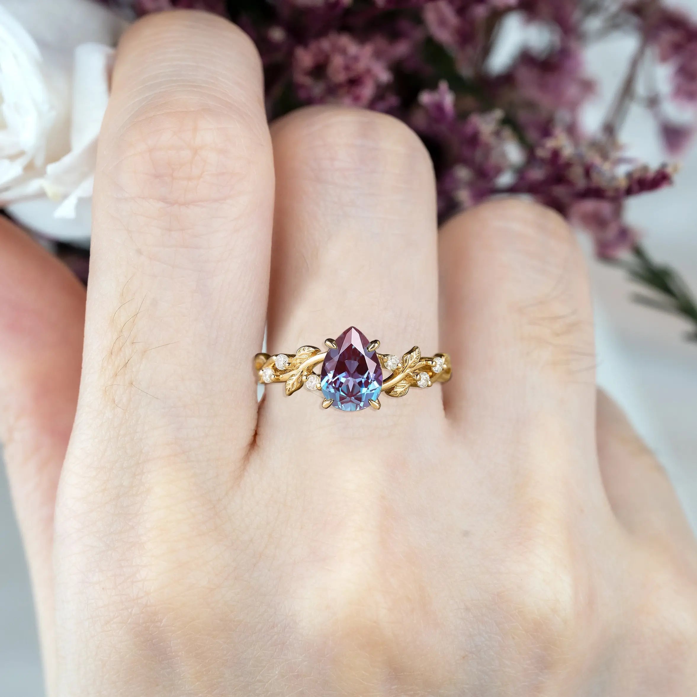 Pear Cut Alexandrite Engagement Rings – Nature-Inspired Gold Leaf Ring For ladies promise gift