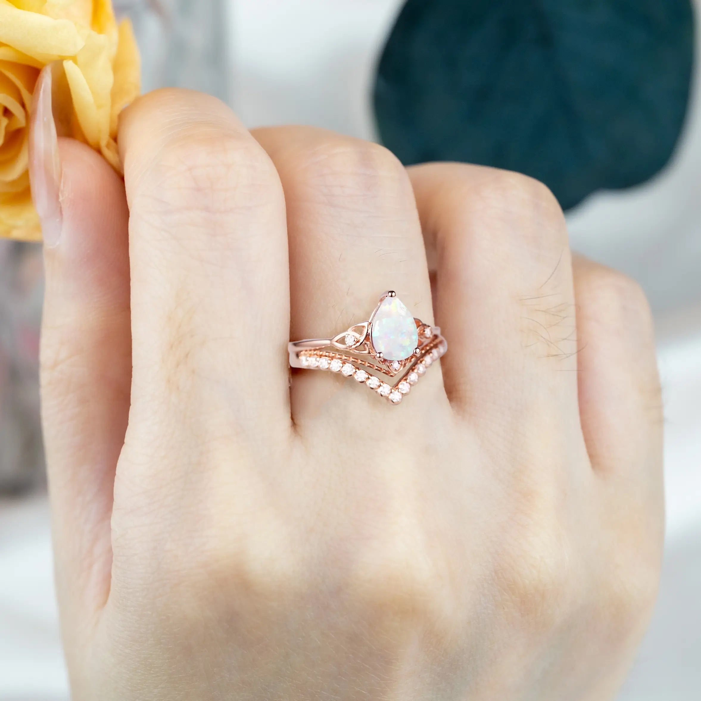 orleone Vintage Pear Cut Opal Engagement Ring Set | Art Deco Rose Gold Moissanite Wedding Ring Set | October Birthstone
