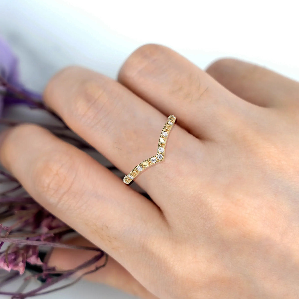 Golden Moonlight Moissanite Stacking Band – Celestial Inspired Wedding Band | orleone