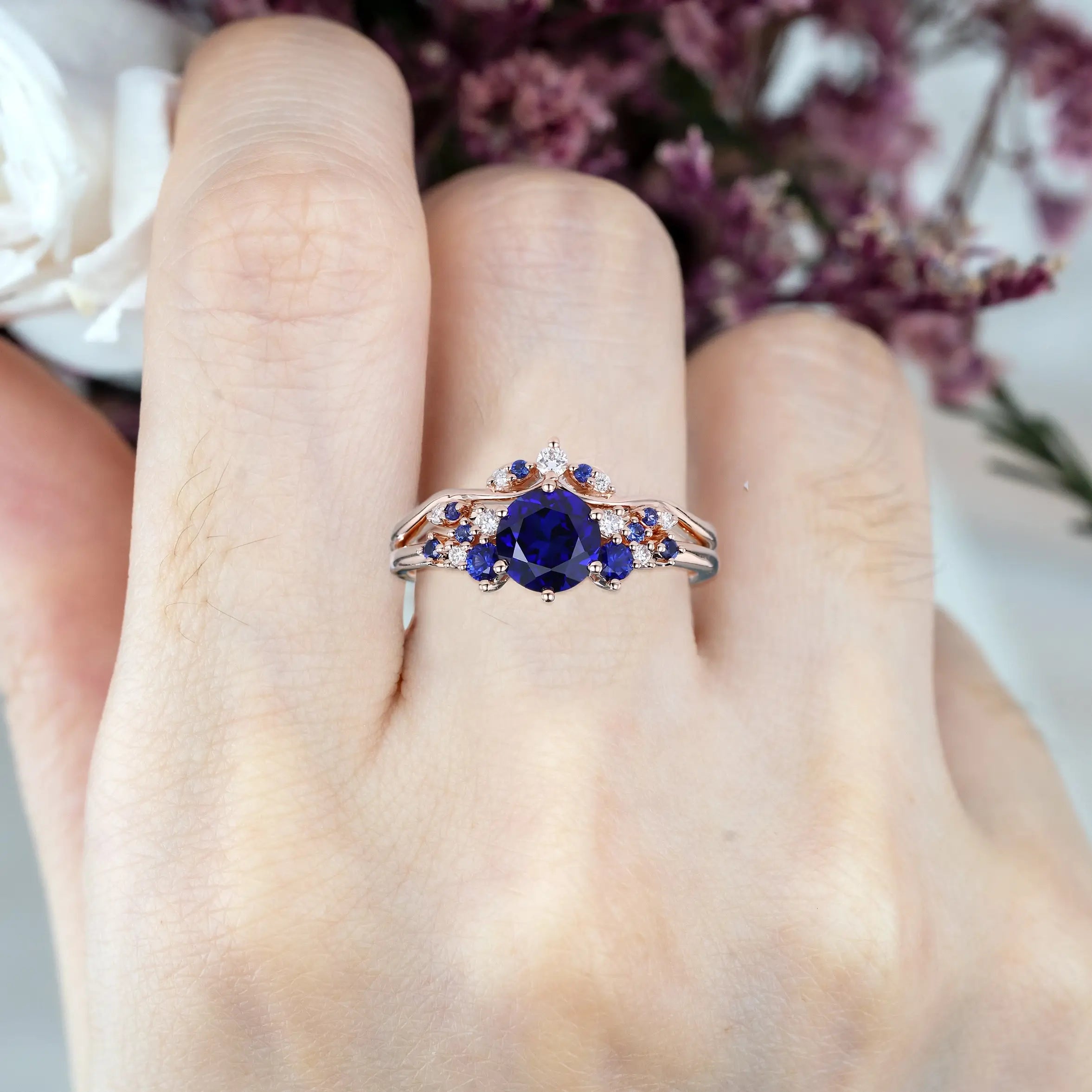 14K Rose Gold Lab Sapphire Bridal Set Cluster Engagement & Wedding Rings handmade custom anniversary rings