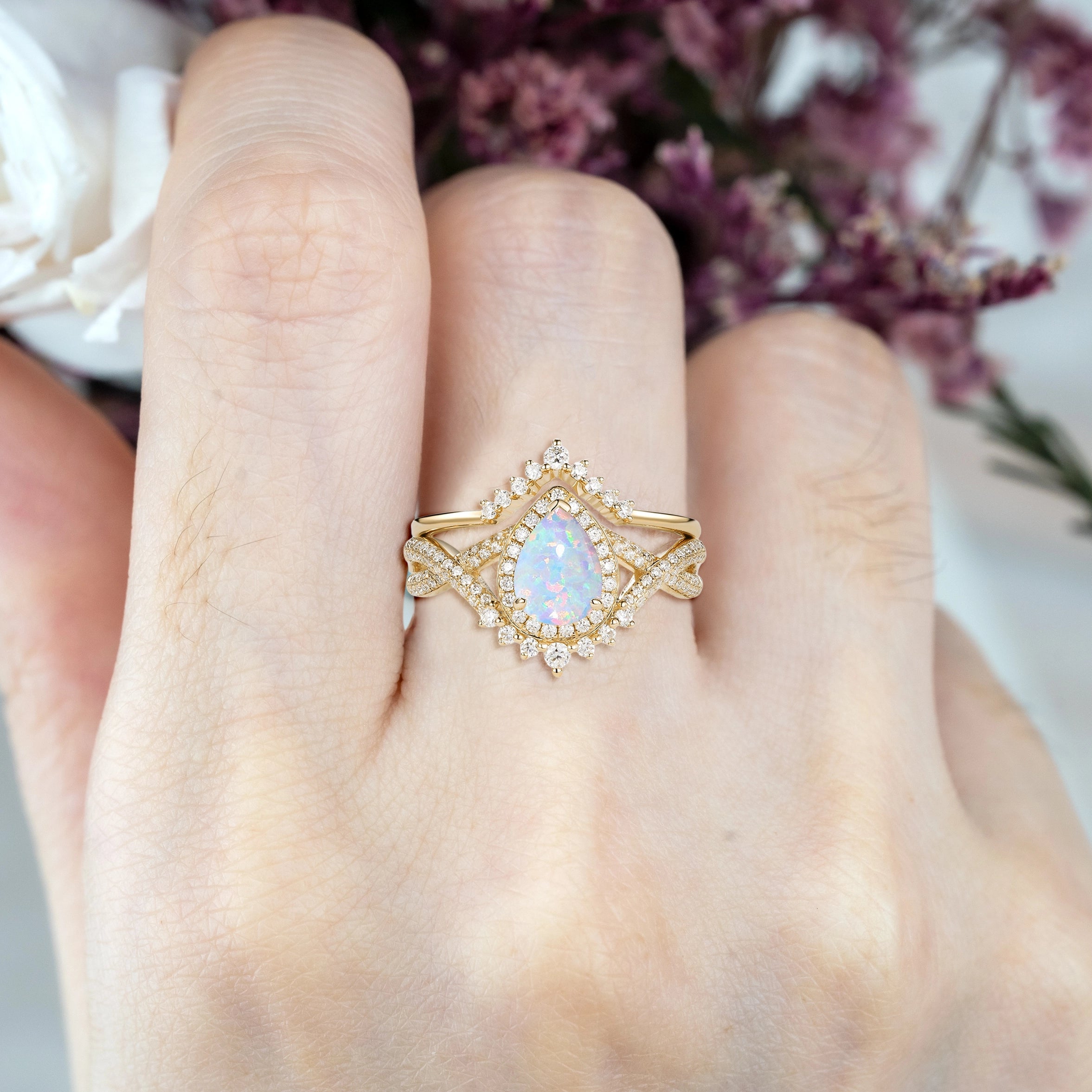 2pc Infinity Halo Opal Engagement Ring Set Pear Cut | orleone jewelry vintage gold ring for ladies gift