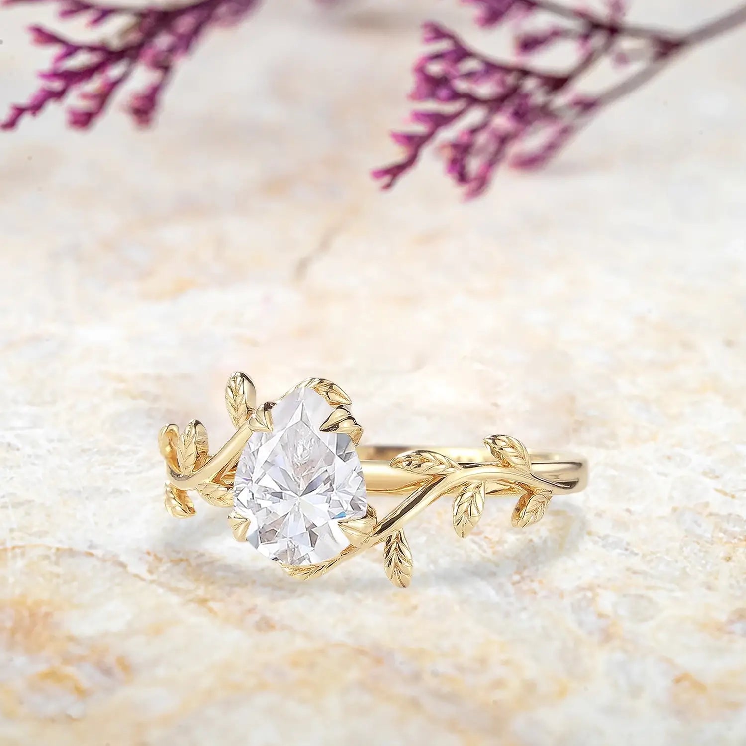 moissanite-leaf-ring-side-view-yellow-gold-botanical-branch-detail
