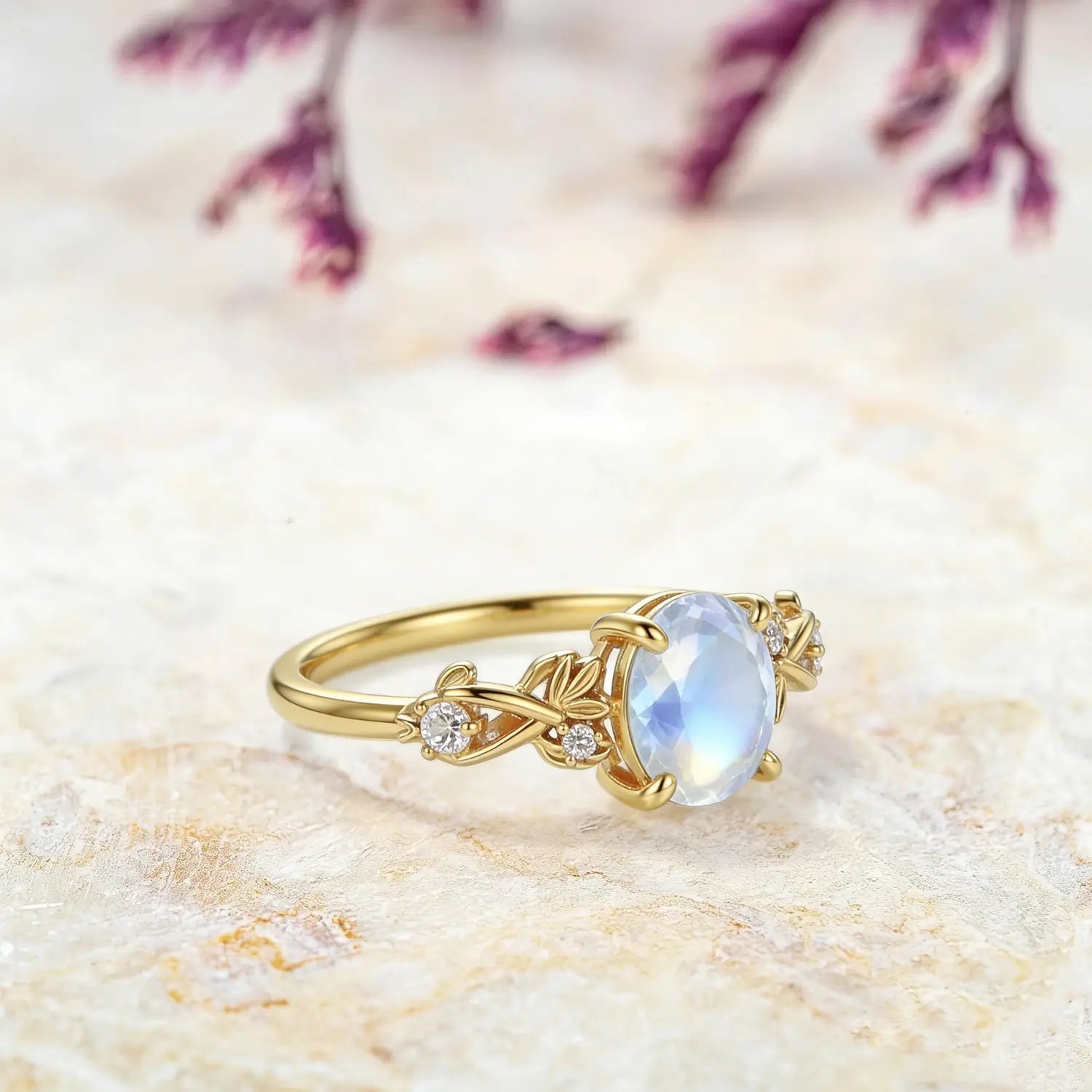 natural moonstone round cut ring with leaf branch design delicate handmade gold ring