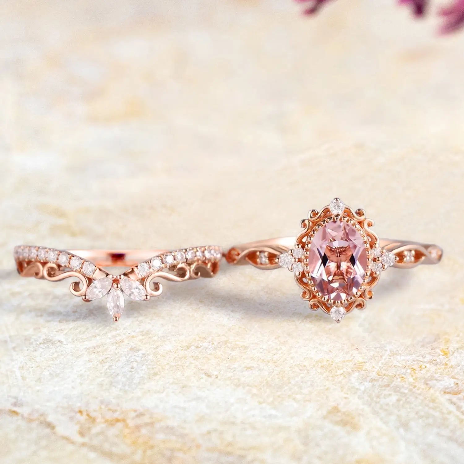 Back view of vintage morganite engagement ring set showing ornate crown scrollwork and wedding band craftsmanship