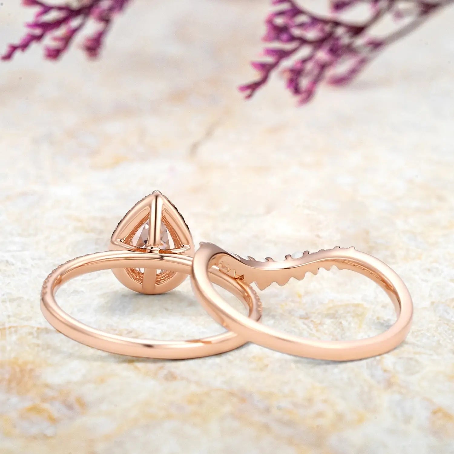 rose gold halo pear morganite engagement ring with matching pearl band 2pcs