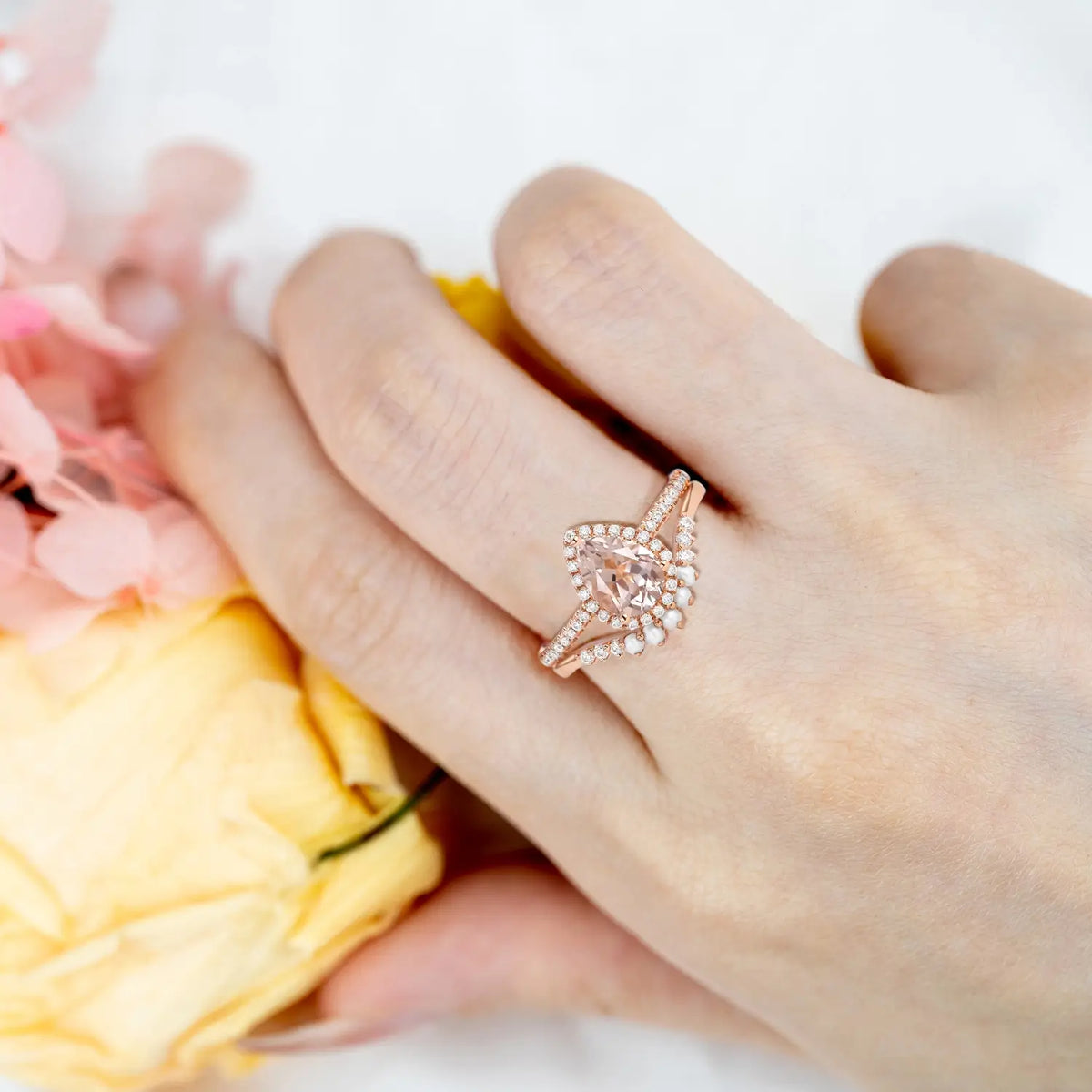 two piece morganite and pearl chevron bridal ring set handmade orleone