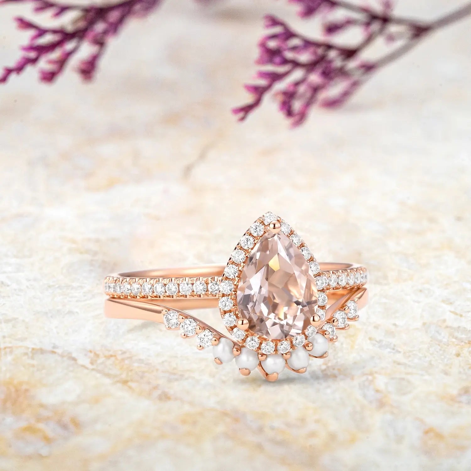 rose gold halo pear morganite engagement ring with matching pearl band
