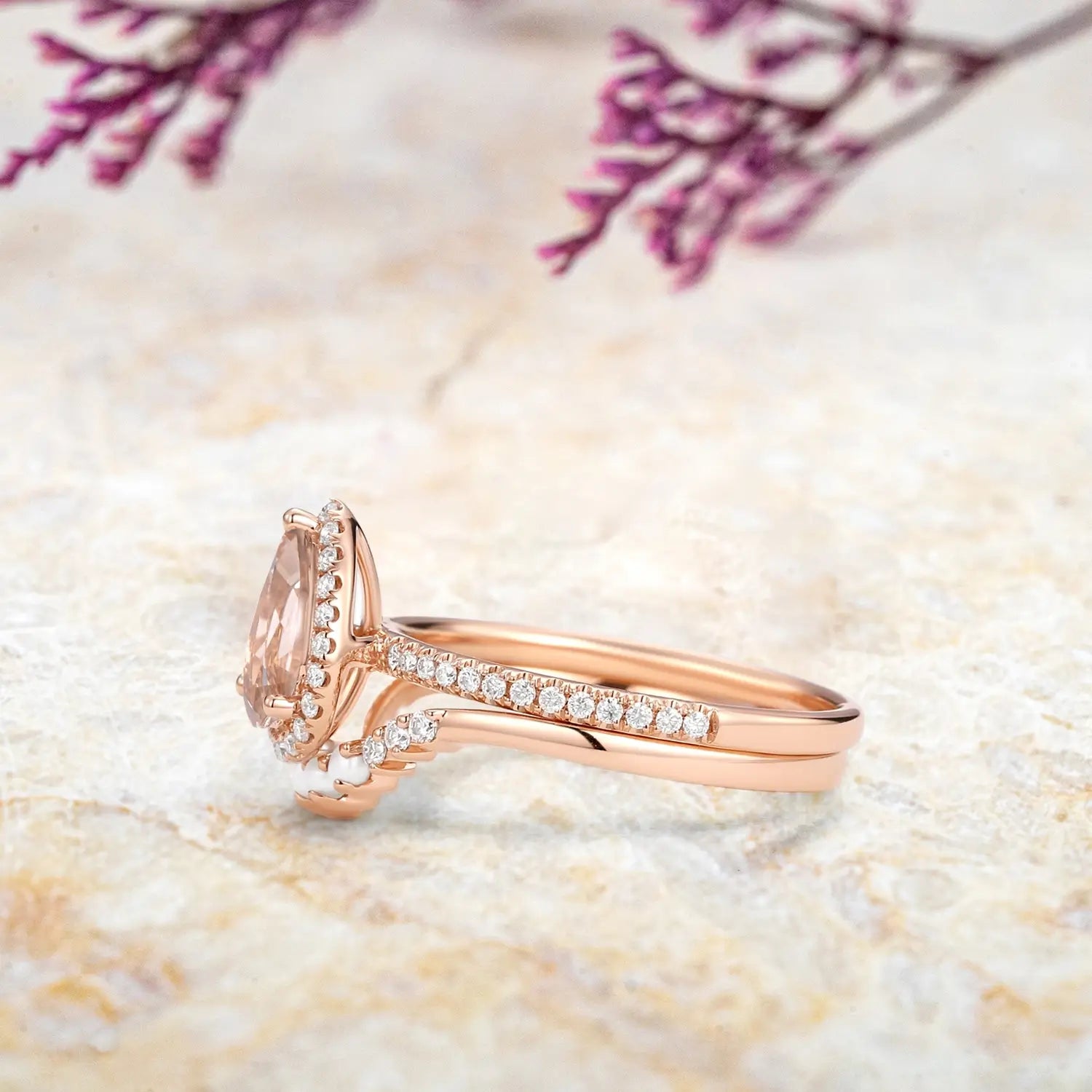 orleone rose gold halo pear morganite engagement ring with matching pearl band