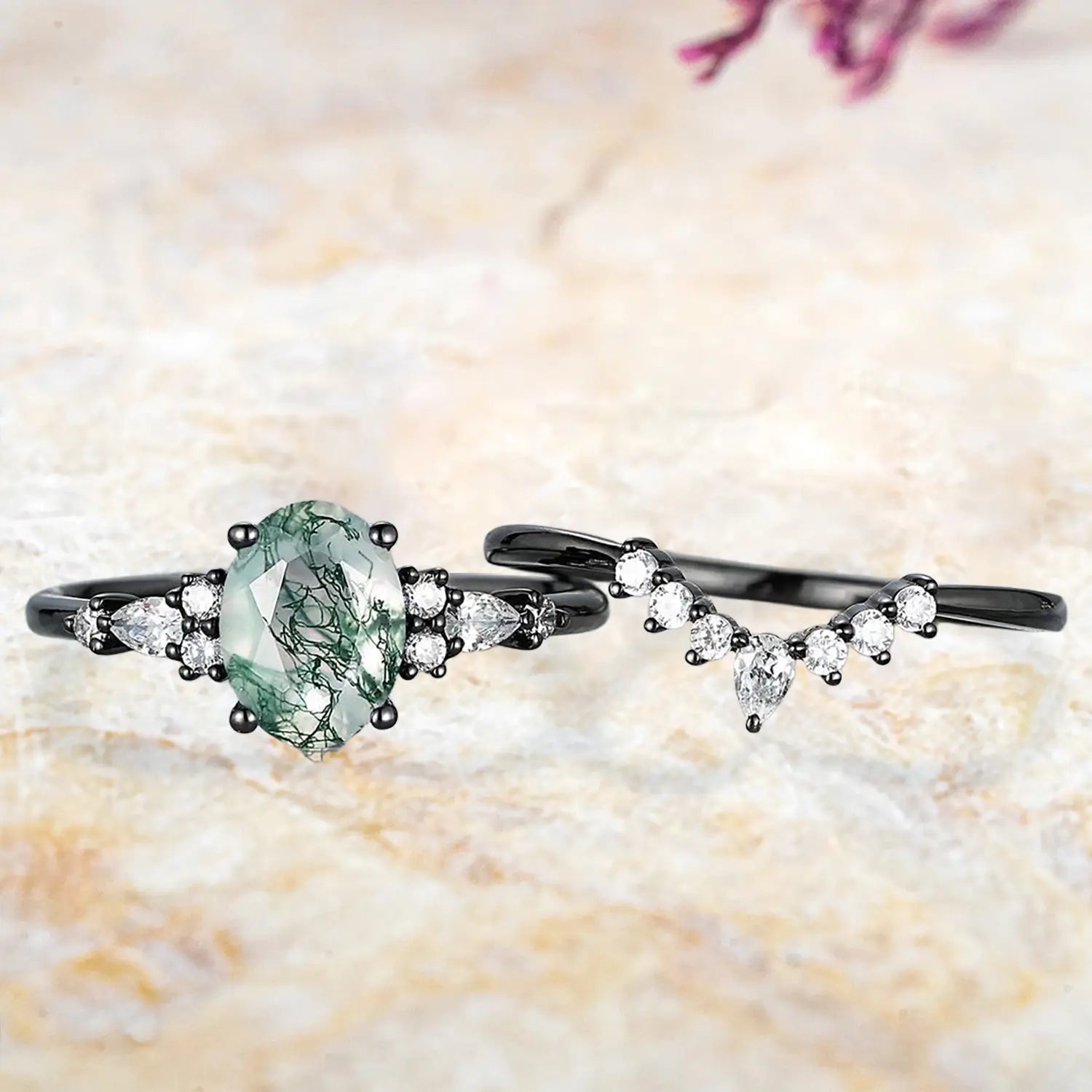 Oval moss agate engagement ring and curved wedding band separated bridal set