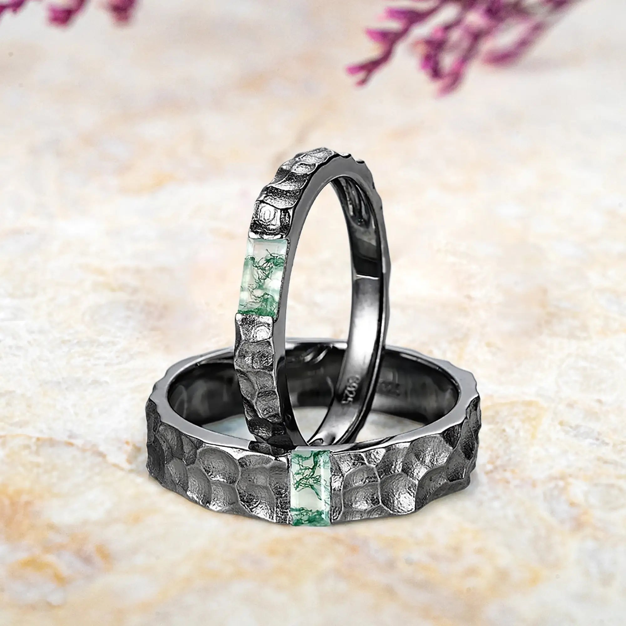 Moss agate couple ring set with hammered black gold wedding bands his and hers Gothic design