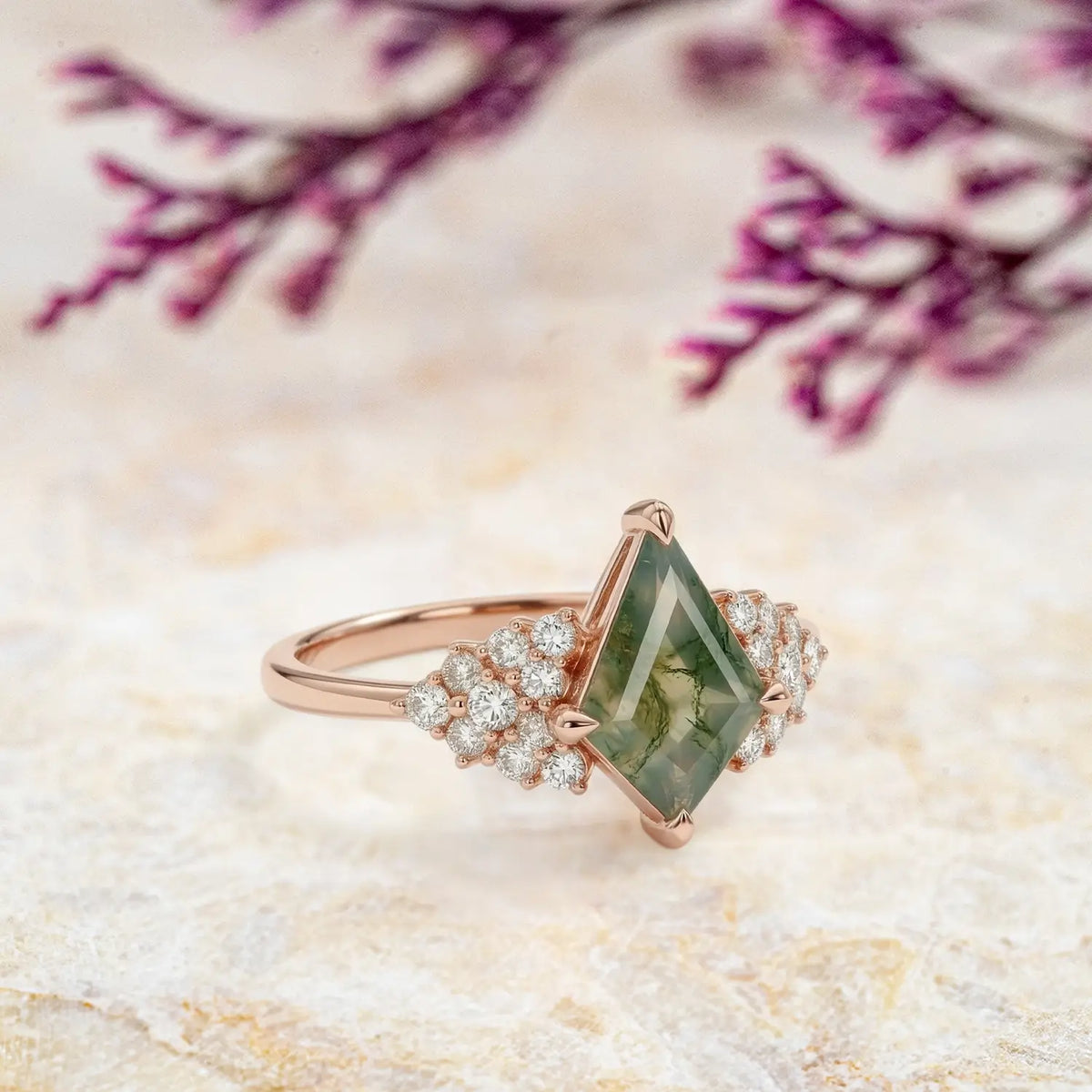 unique kite cut engagement ring with moissanite cluster