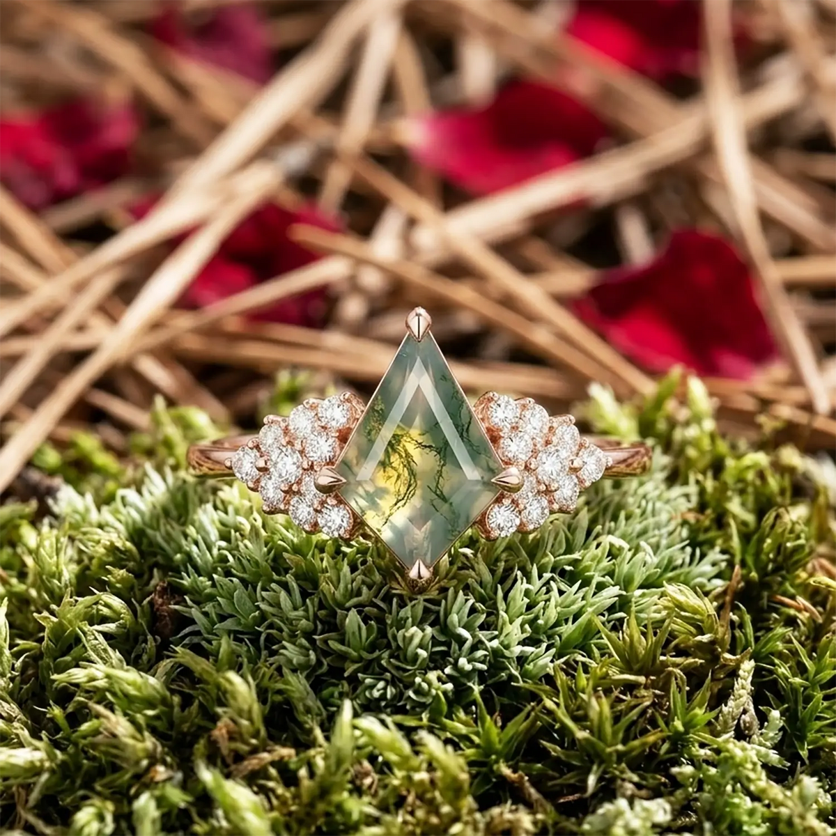 Kite Cut Moss Agate Cluster Engagement Ring Unique Statement – Sylvara