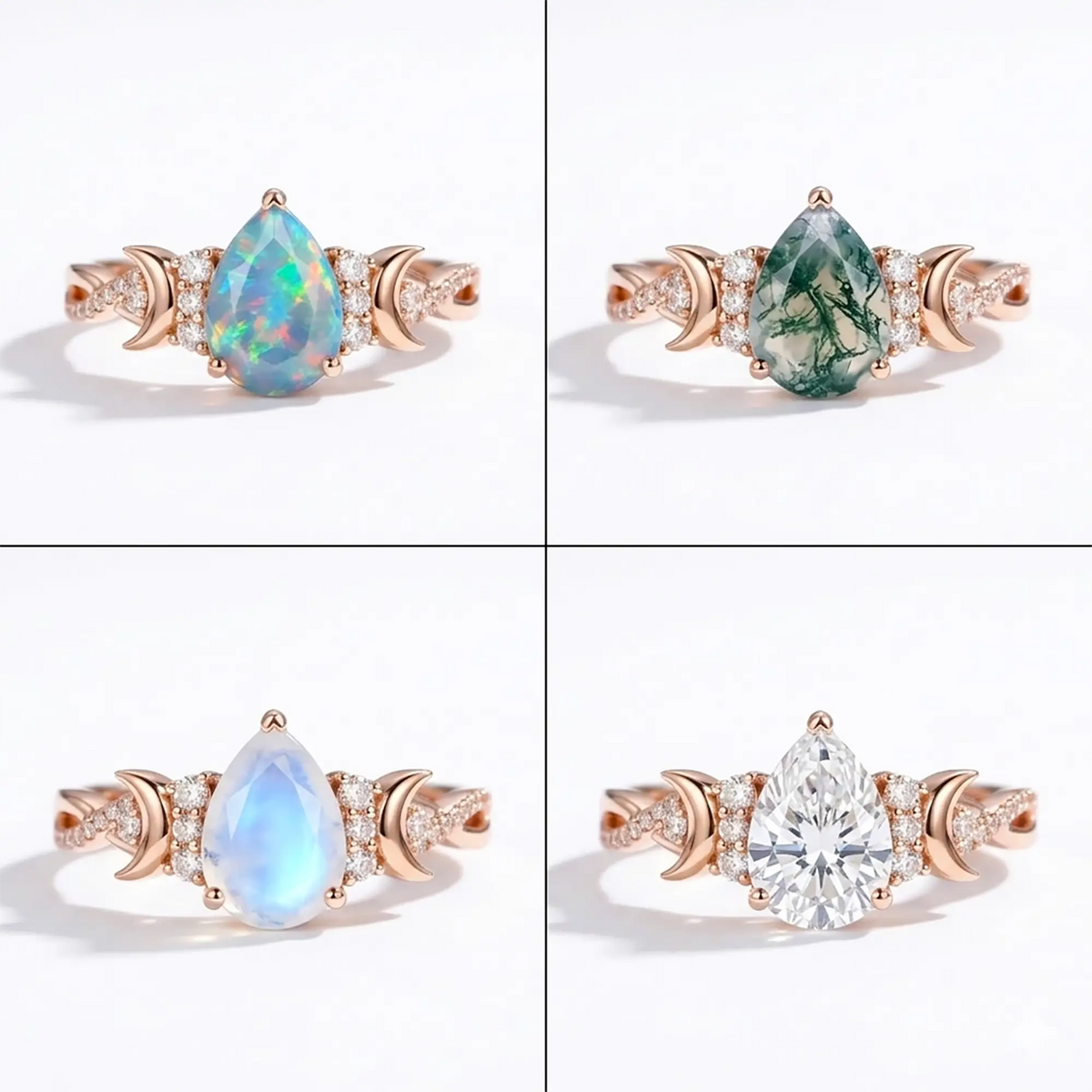 opal crescent moon ring women twisted band fine jewelry 4 gemstone