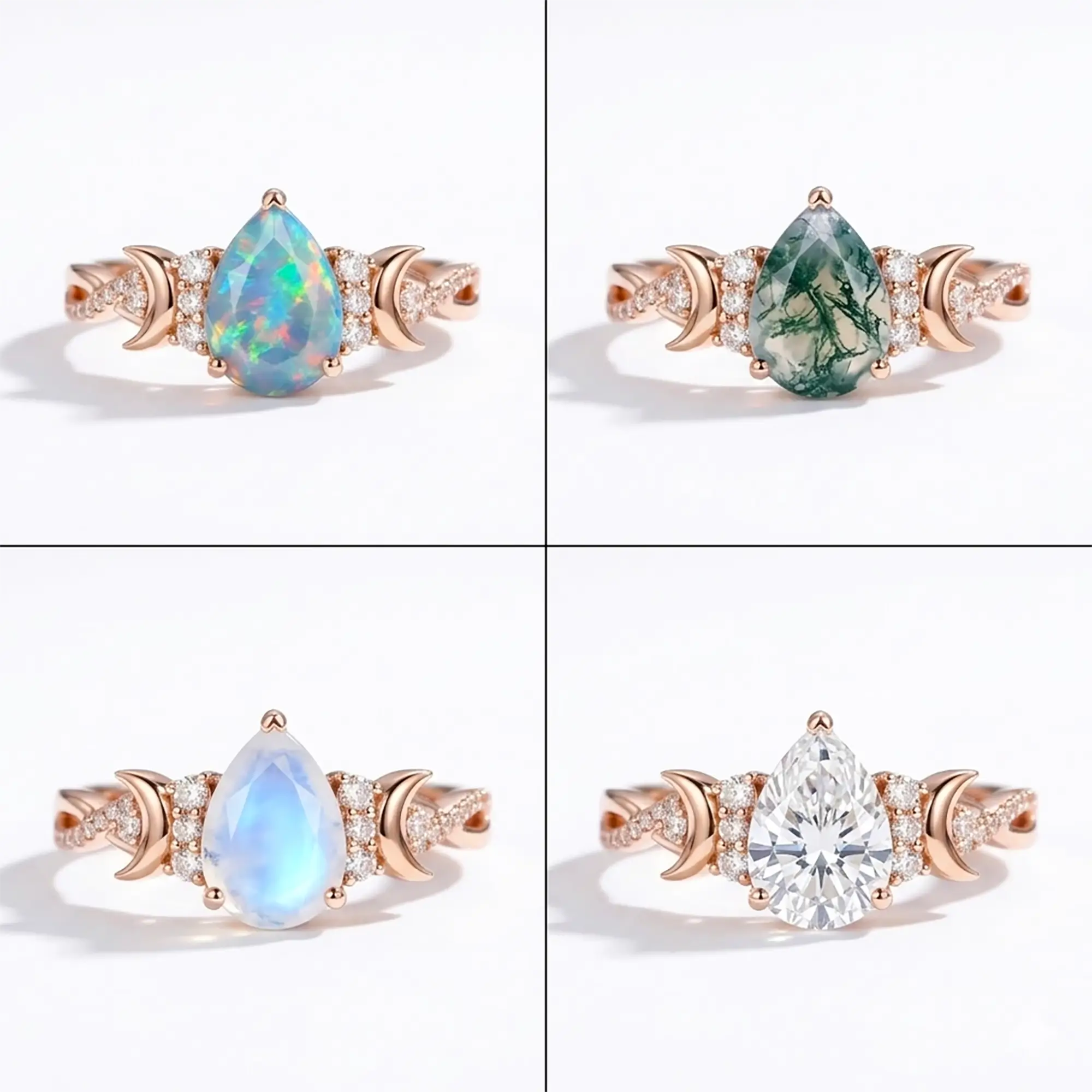 opal crescent moon ring women twisted band fine jewelry 4 gemstone
