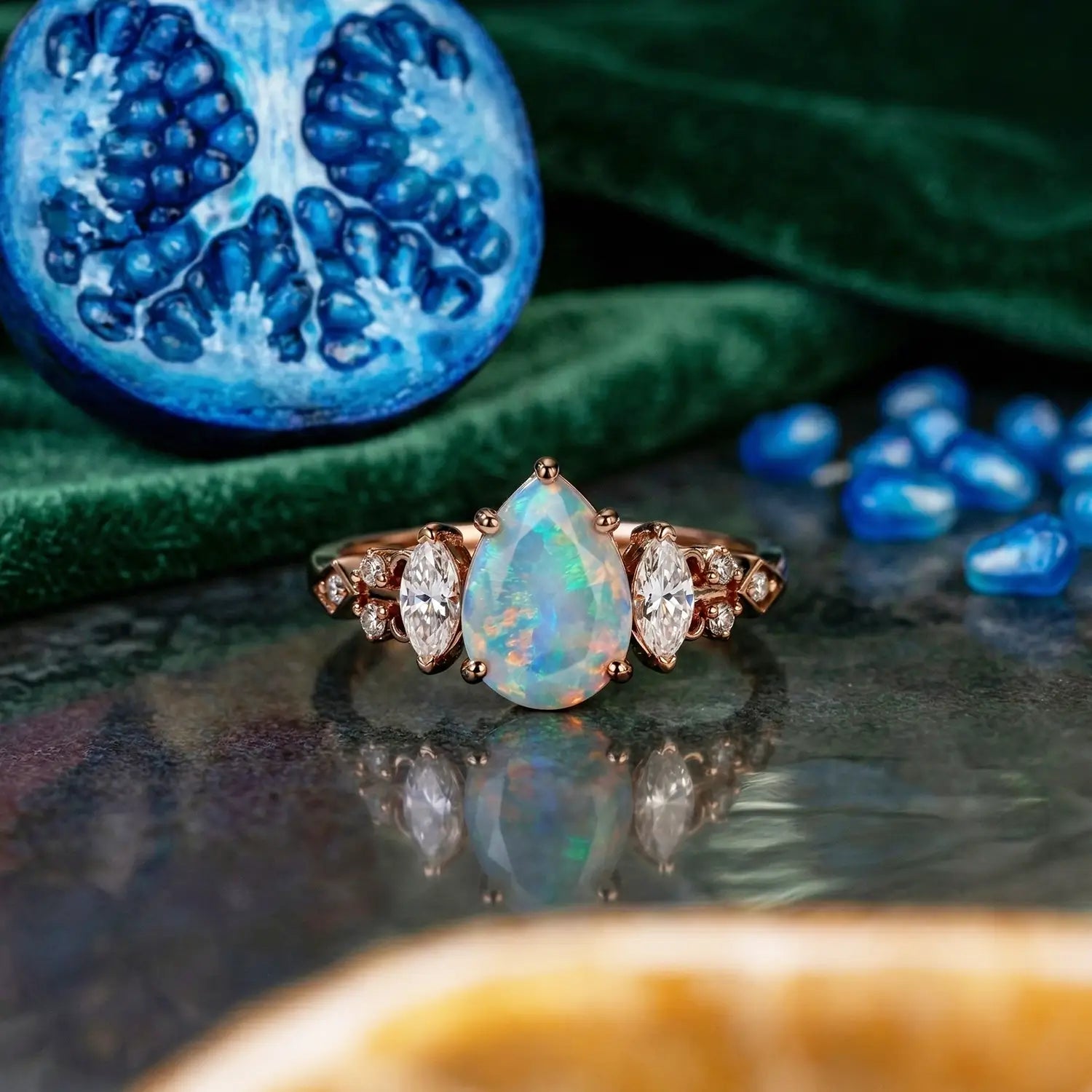 Pear Cut Opal Engagement Ring Marquise Moissanite Vintage Ring