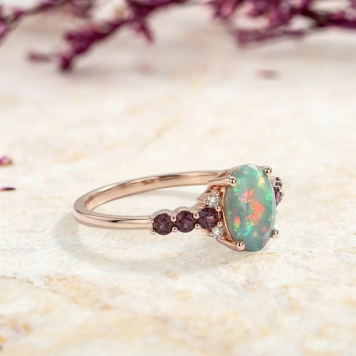 natural white opal oval cut engagement ring alexandrite moissanite cluster delicate gold ring