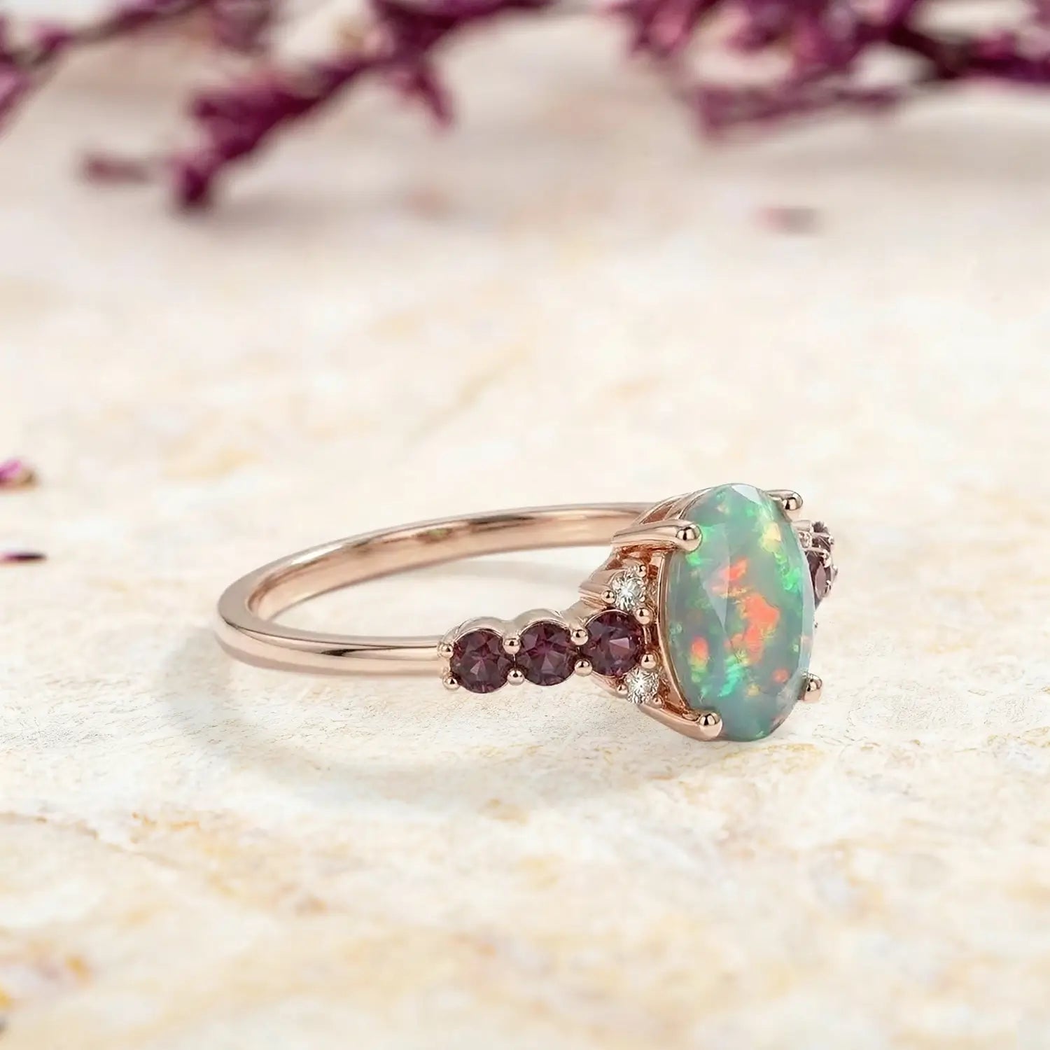 natural white opal oval cut engagement ring alexandrite moissanite cluster delicate gold ring