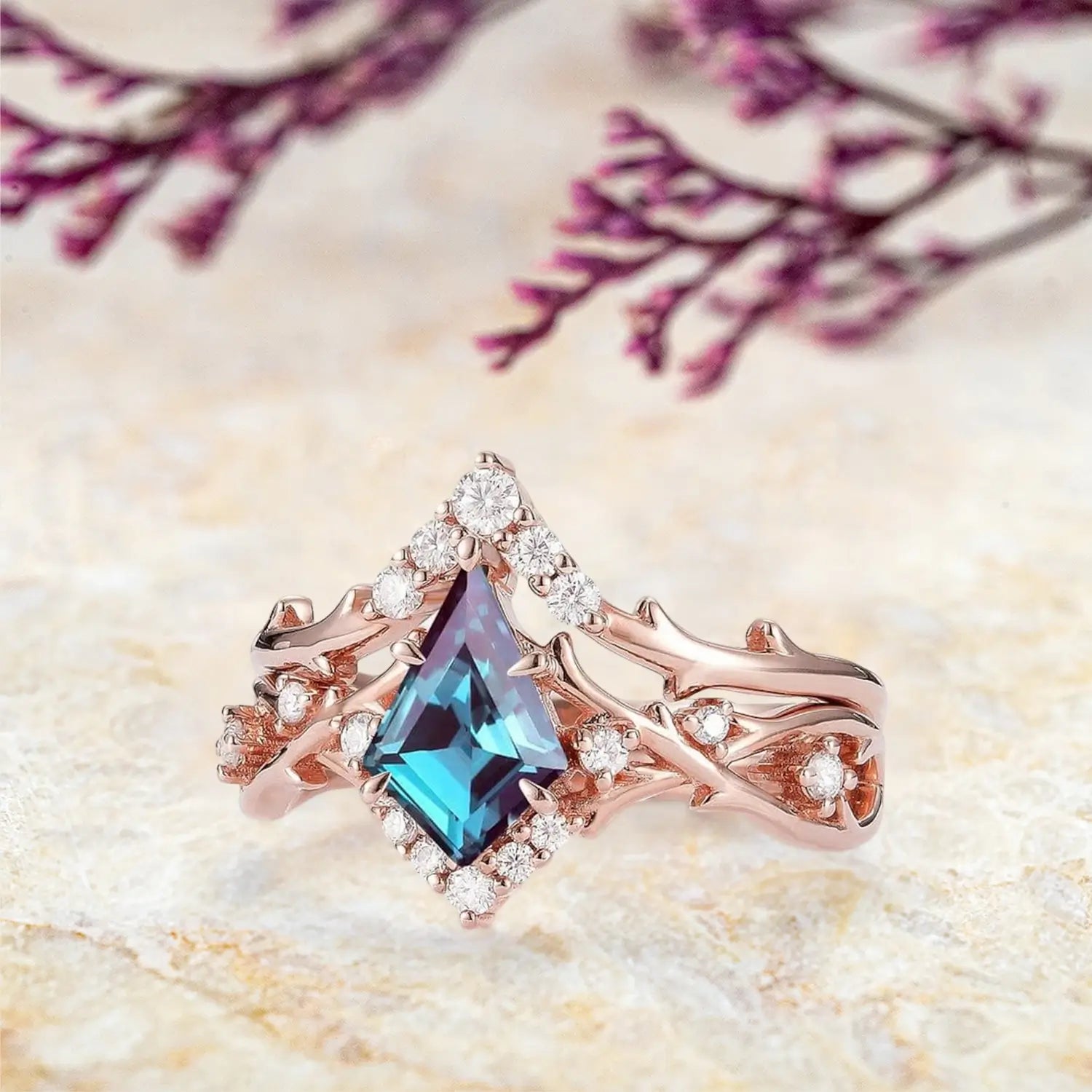 Side view of kite cut alexandrite ring showing branch setting and band profile