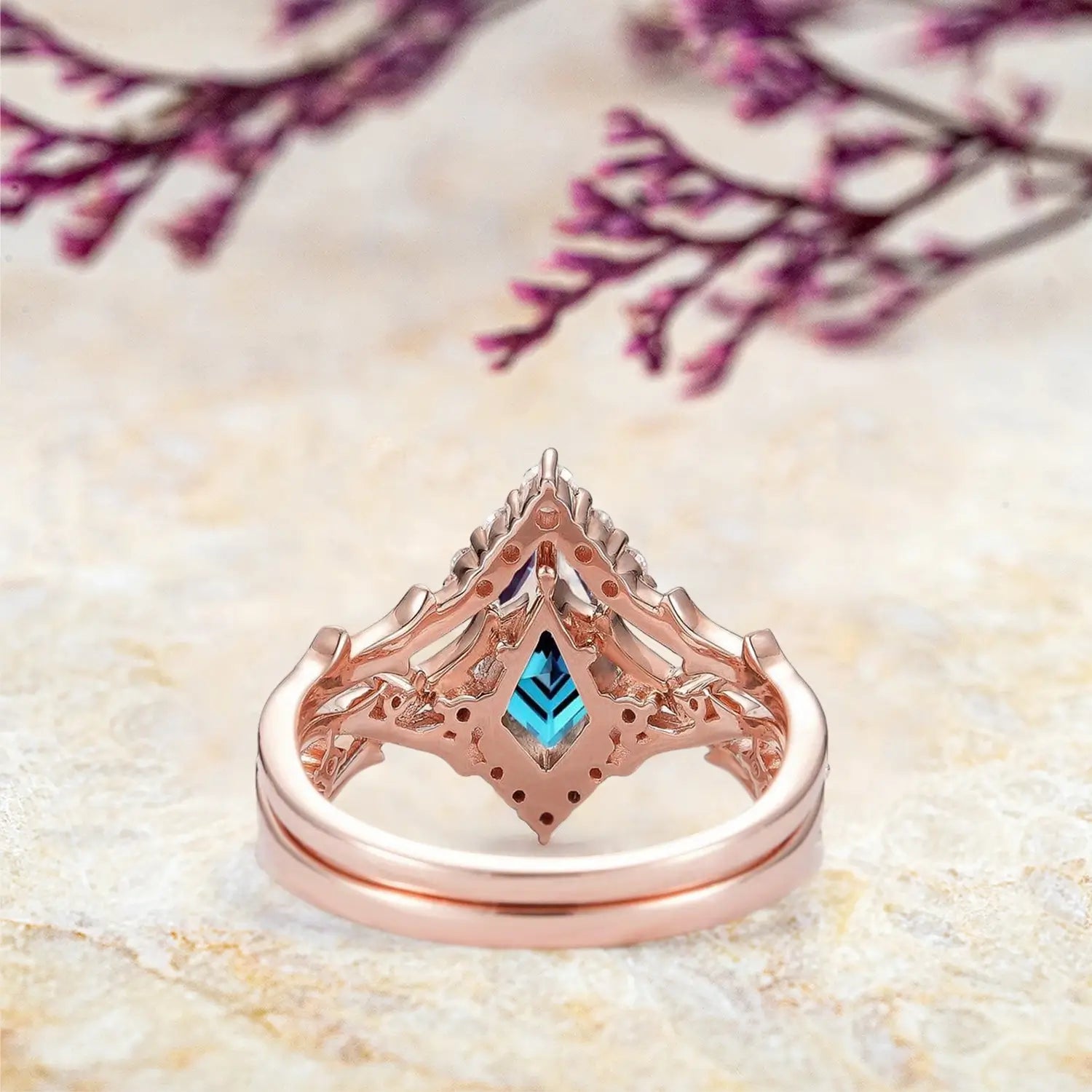Back view of nature-inspired alexandrite ring set showing branch craftsmanship in gold