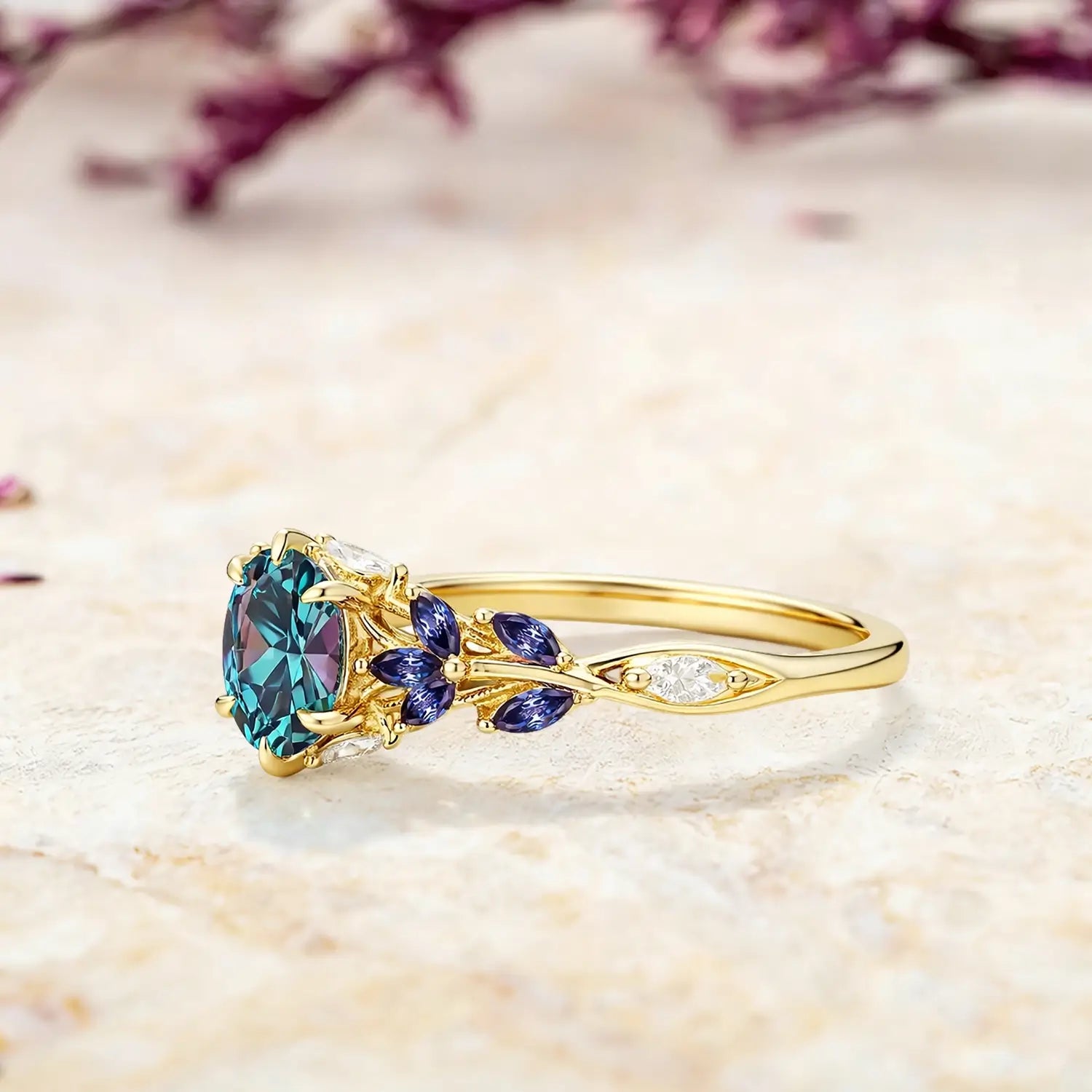 nature inspired alexandrite leaf engagement ring marquise cut floral cluster ring handmade gold ring