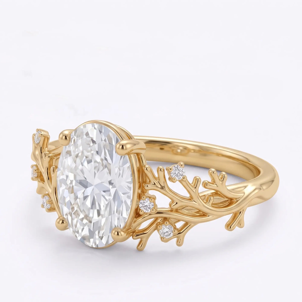 Gold coral engagement ring with six round moissanite accents