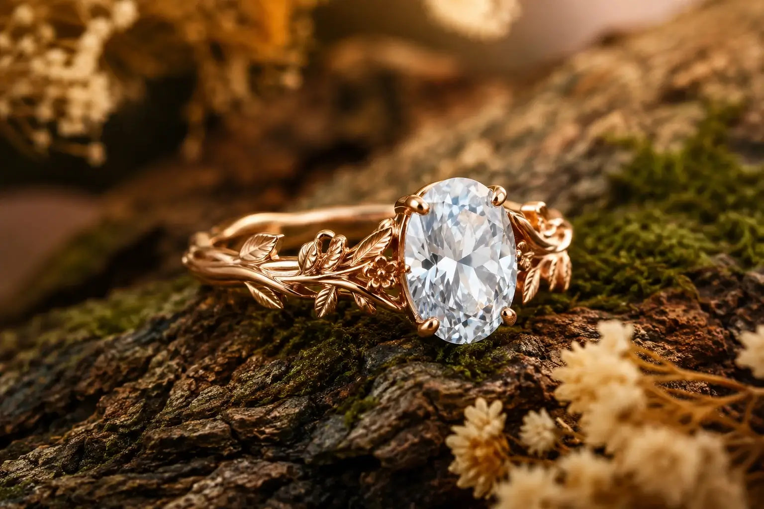 Nature inspired moissanite engagement ring with leaf and botanical details in handcrafted gold