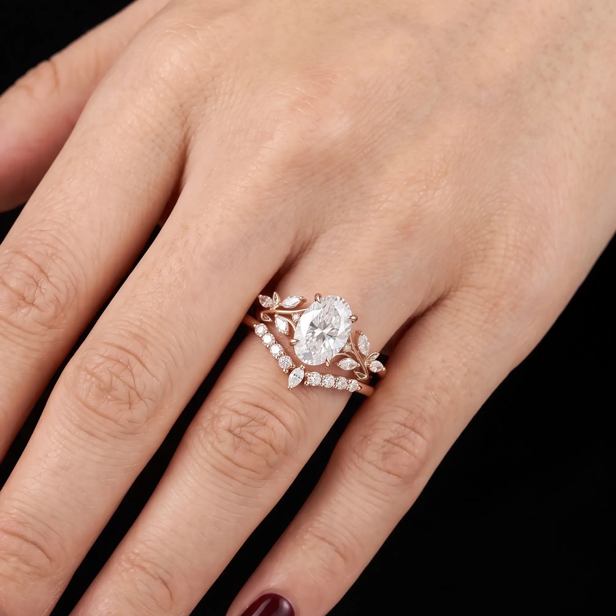 Oval cut moissanite leaf bridal ring set in rose gold with curved wedding band for women gift
