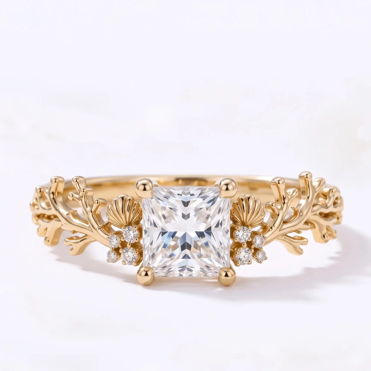 Princess cut moissanite ocean inspired engagement ring with coral details