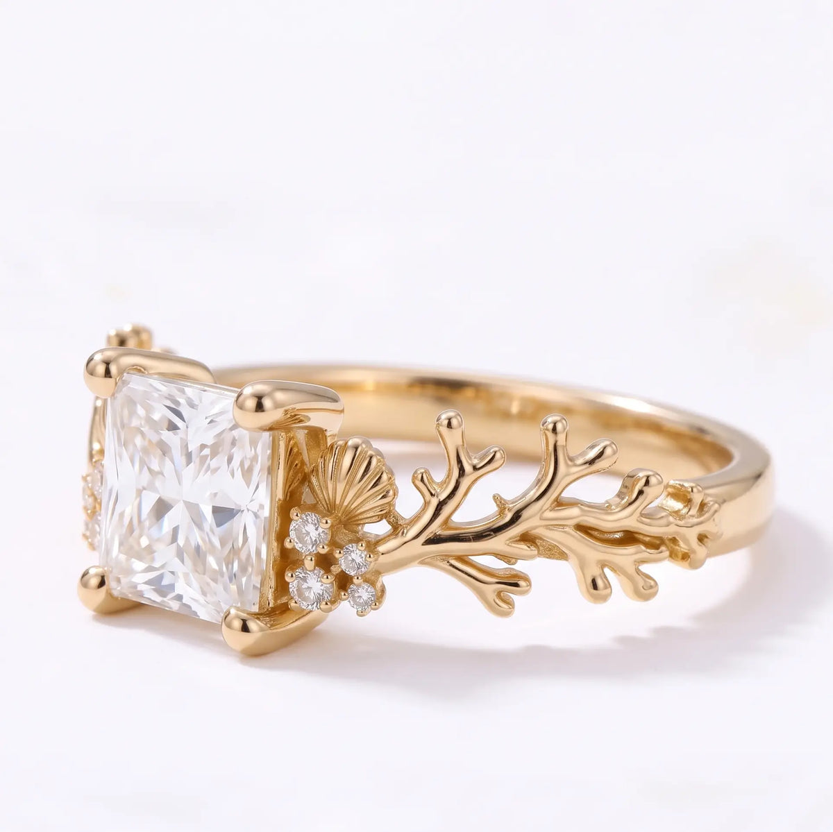 Coral and shell moissanite cluster ring in solid gold
