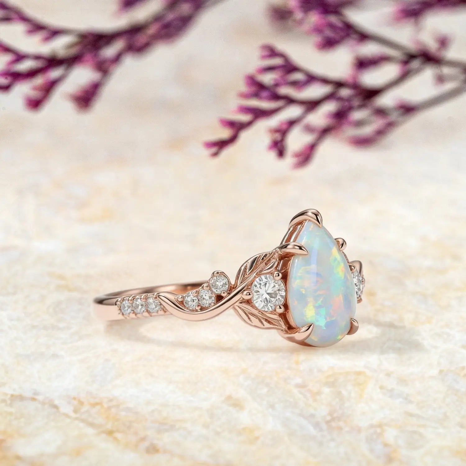 October birthstone opal ring pear cut handmade gold ring