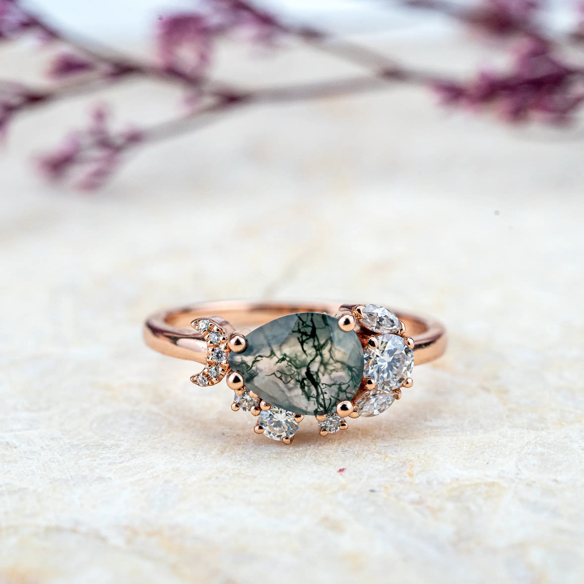 Unique Pear Moss Agate Promise Rings Custom Engagement Rings