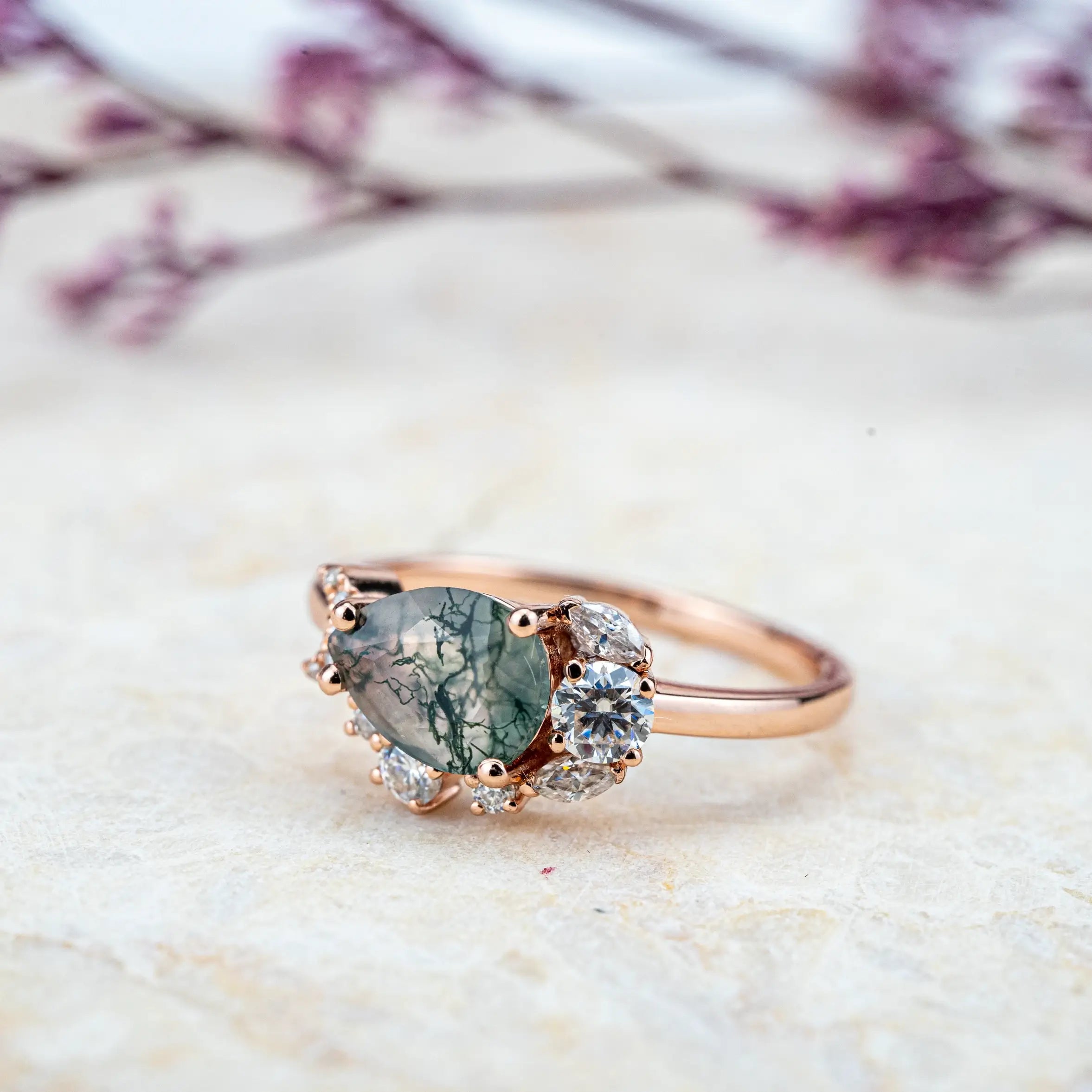 Unique Pear Moss Agate Promise Rings Custom Engagement Rings rose solid gold pear cut stone