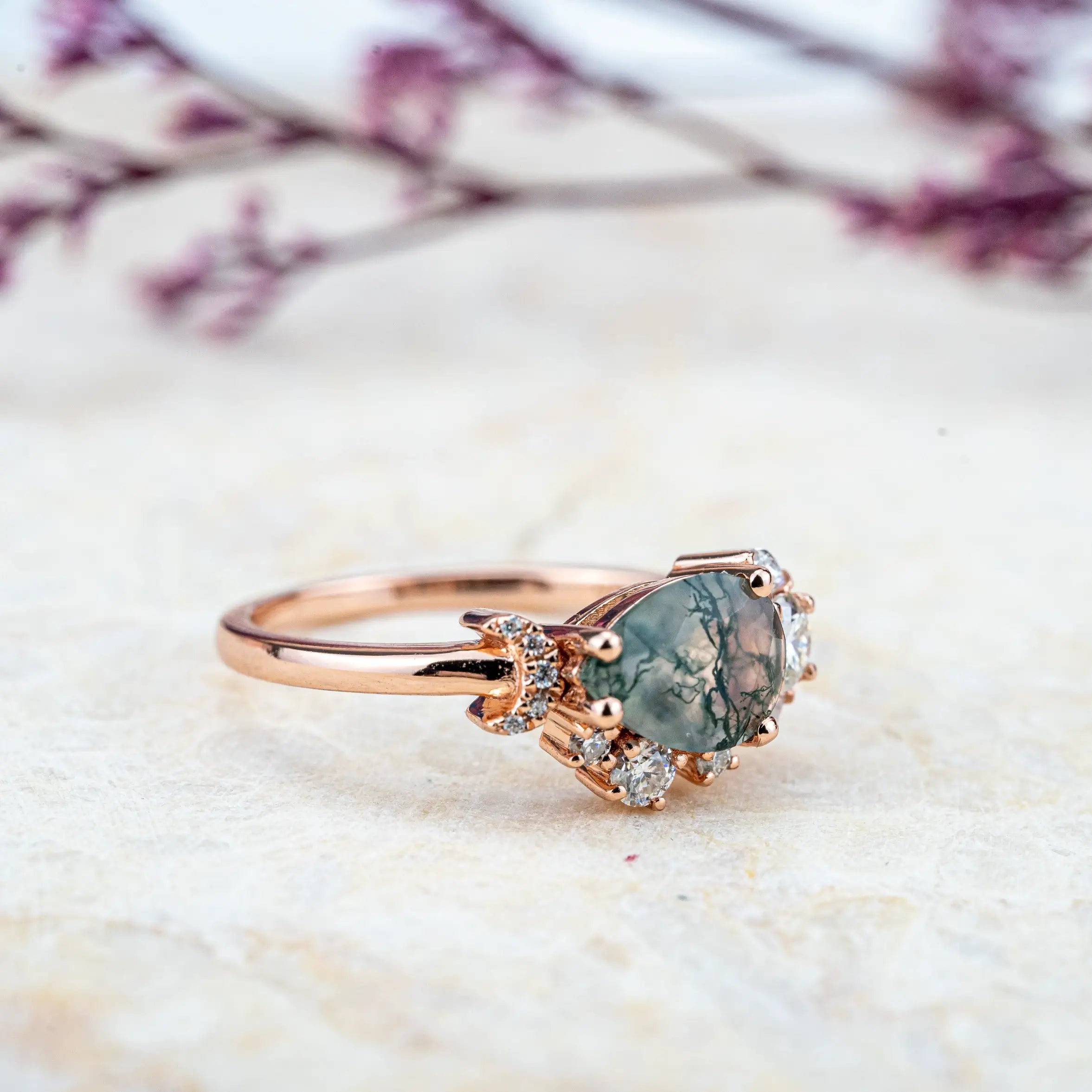 Unique Pear Moss Agate Promise Rings Custom Engagement Rings rose solid gold pear cut stone