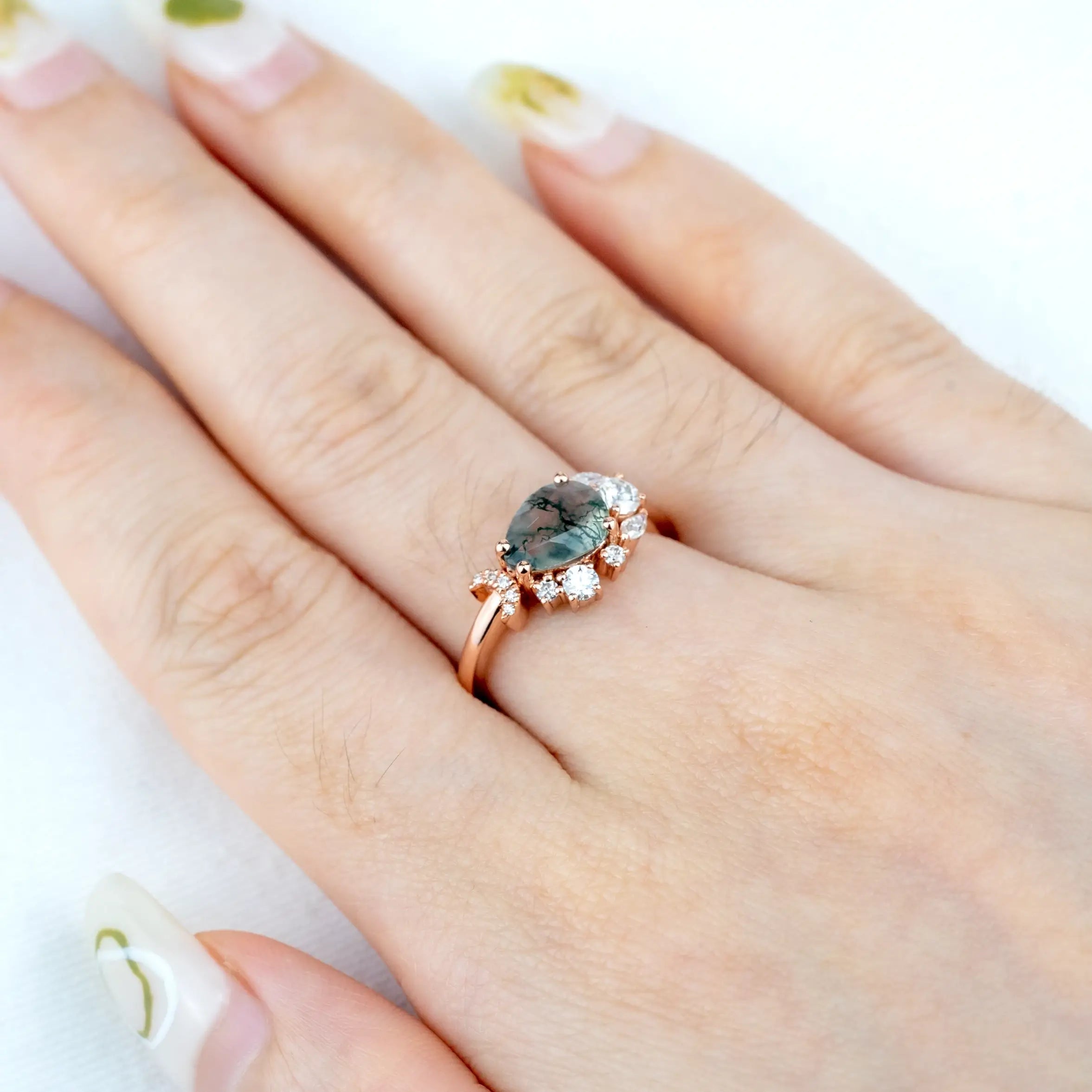 Unique Pear Cut Moss Agate Promise Rings Custom Engagement Rings rose solid gold rings for ladies