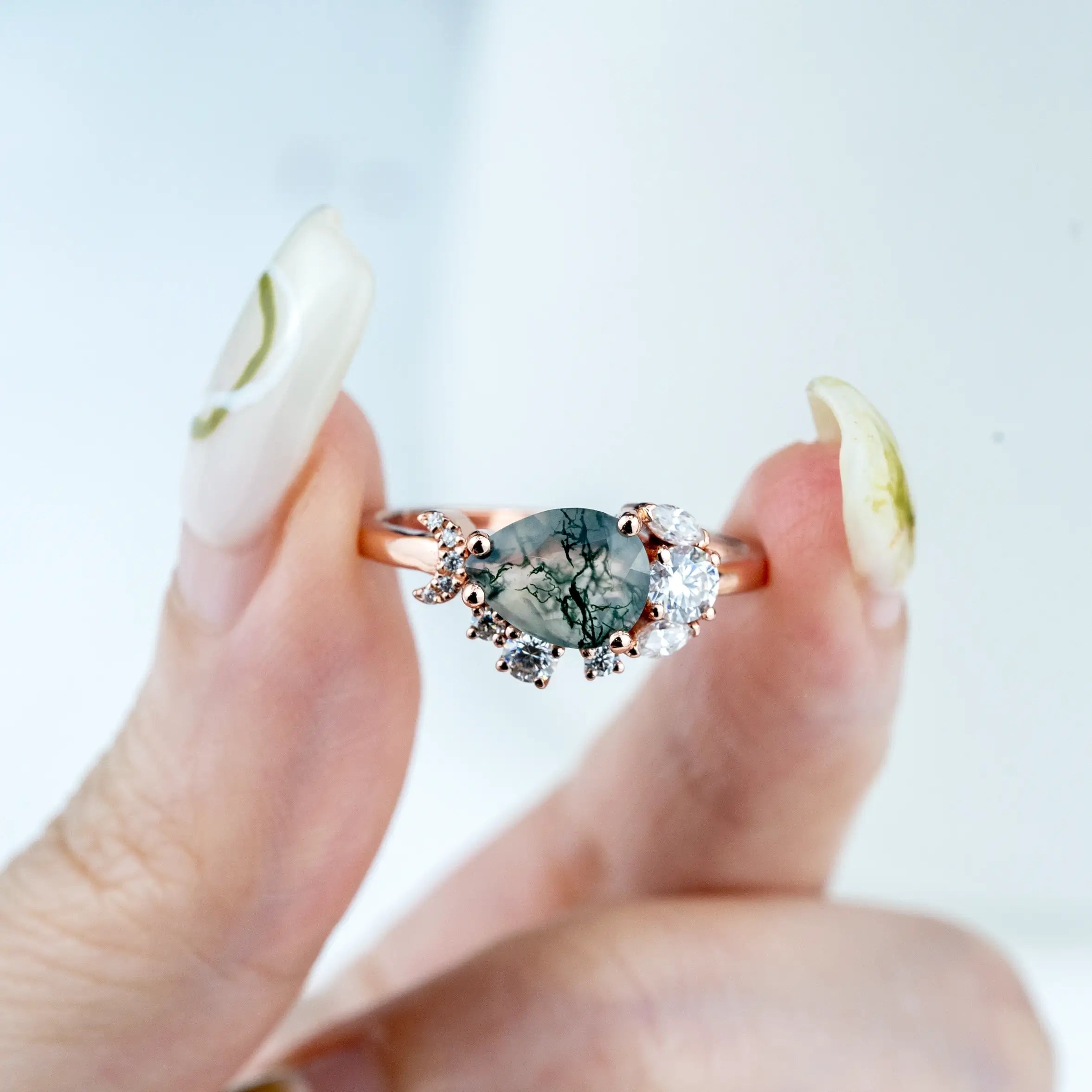 Unique Pear Moss Agate Promise Rings Custom Engagement Rings rose solid gold