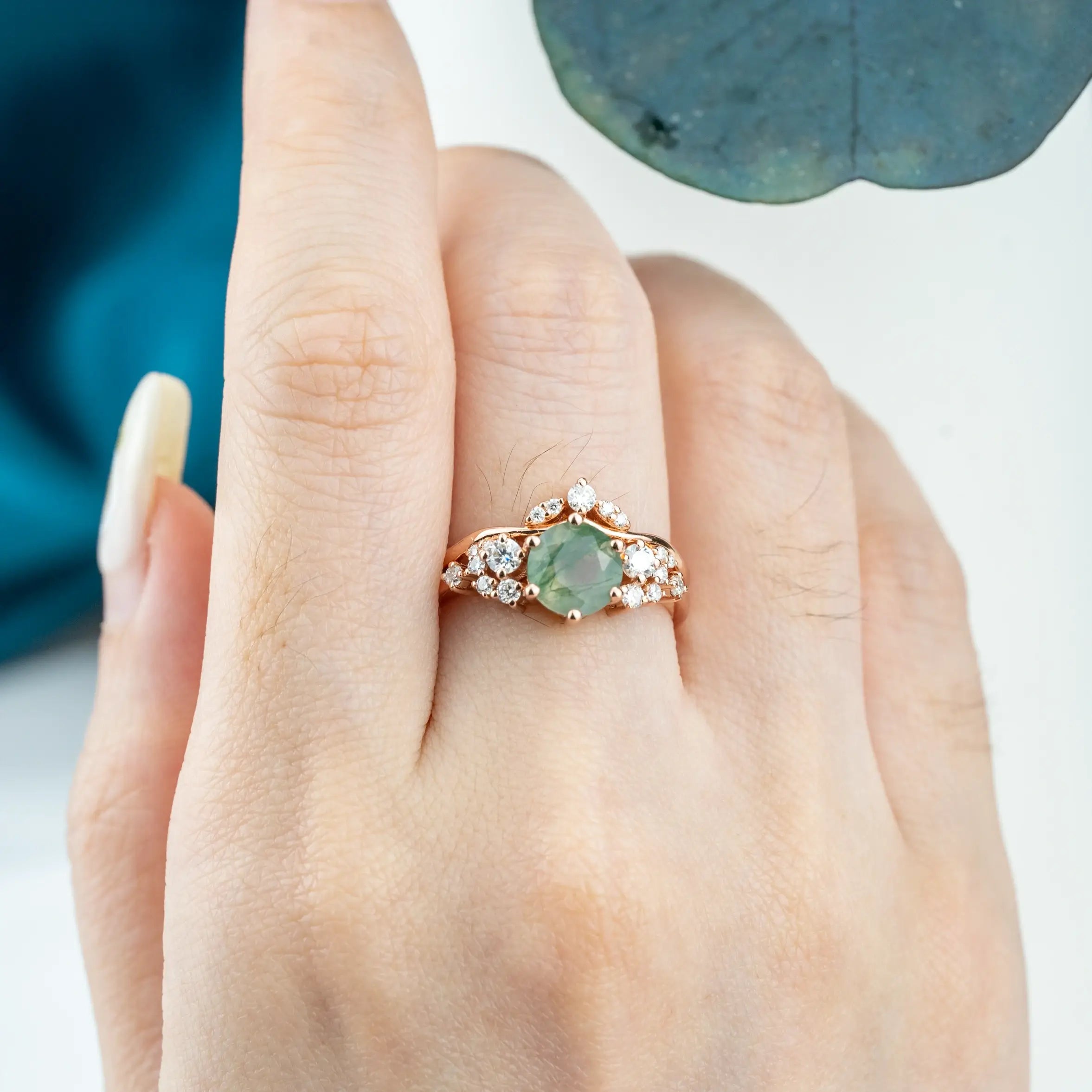 Moss Agate Ring Set Custom Moissanite Accents Cluster Ring for women gift anniversary rings