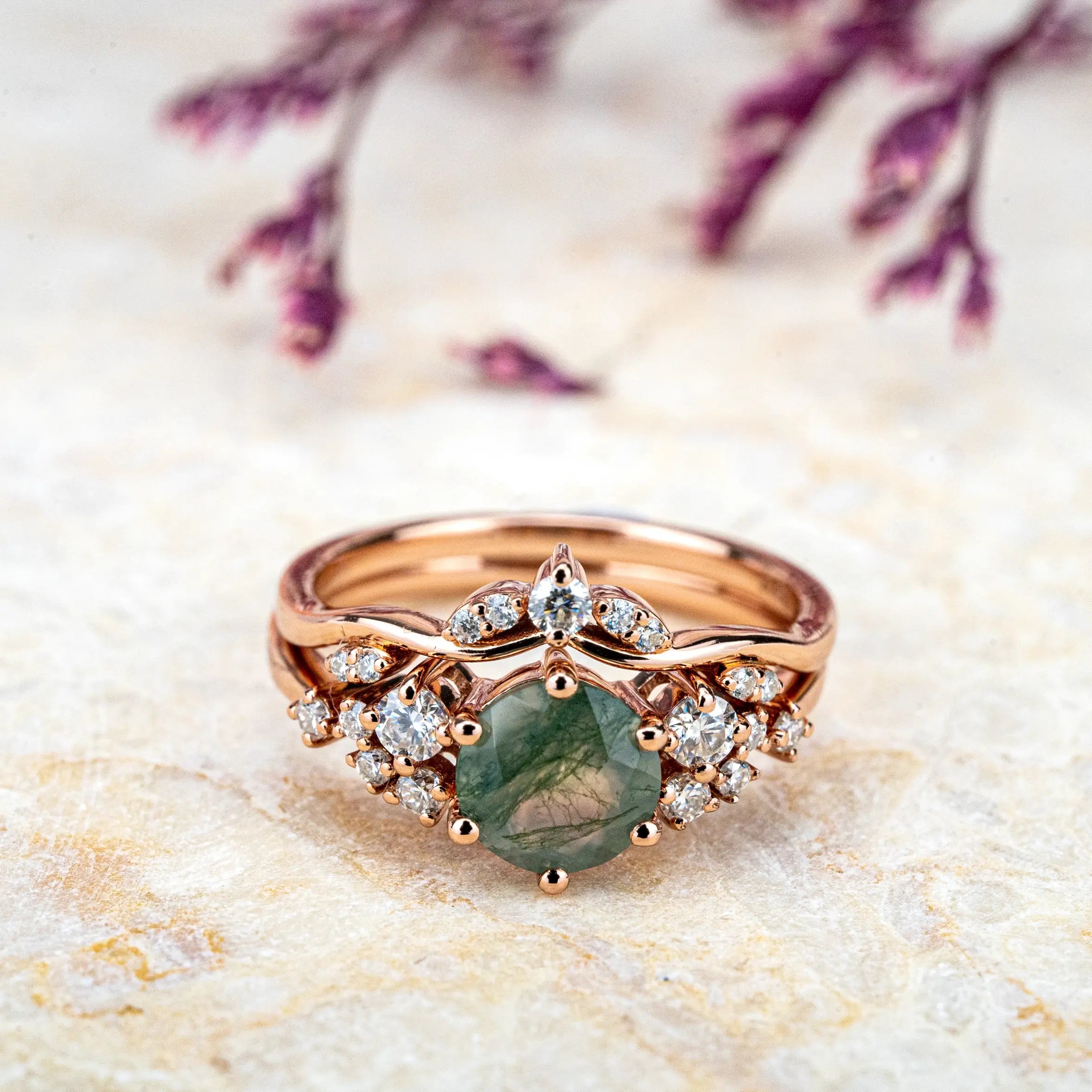 Moss Agate Ring Set Custom Moissanite Accents Cluster Ring for women gift