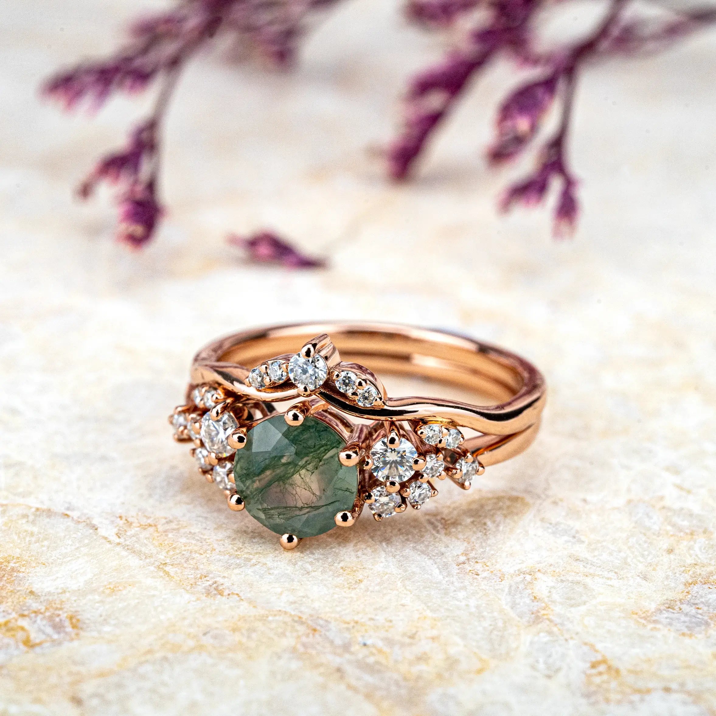 Moss Agate Ring Set Custom Moissanite Accents Cluster Ring for women gift anniversary rings