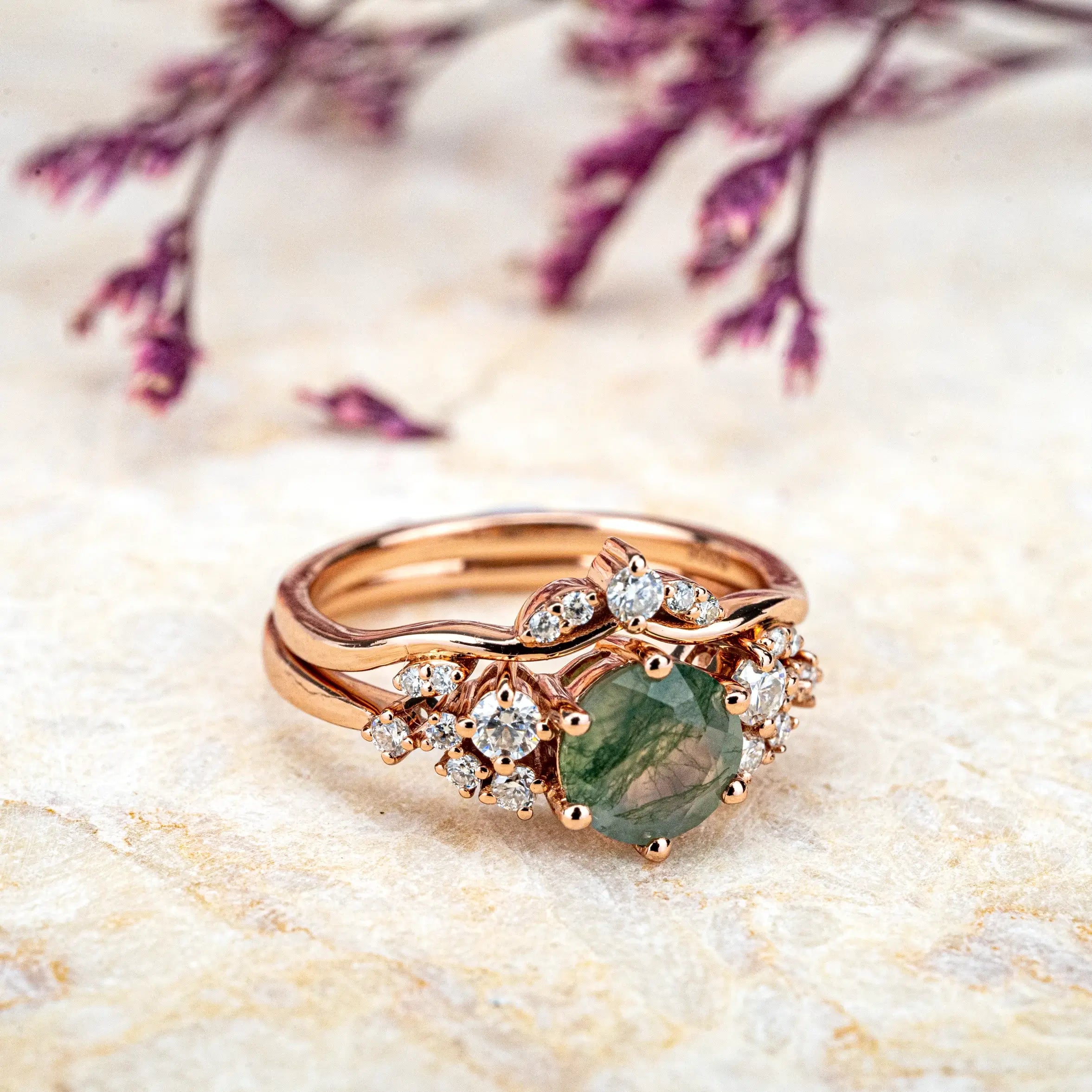 Green Moss Agate Ring Set Custom Moissanite Accents Cluster Ring for women gift anniversary rings