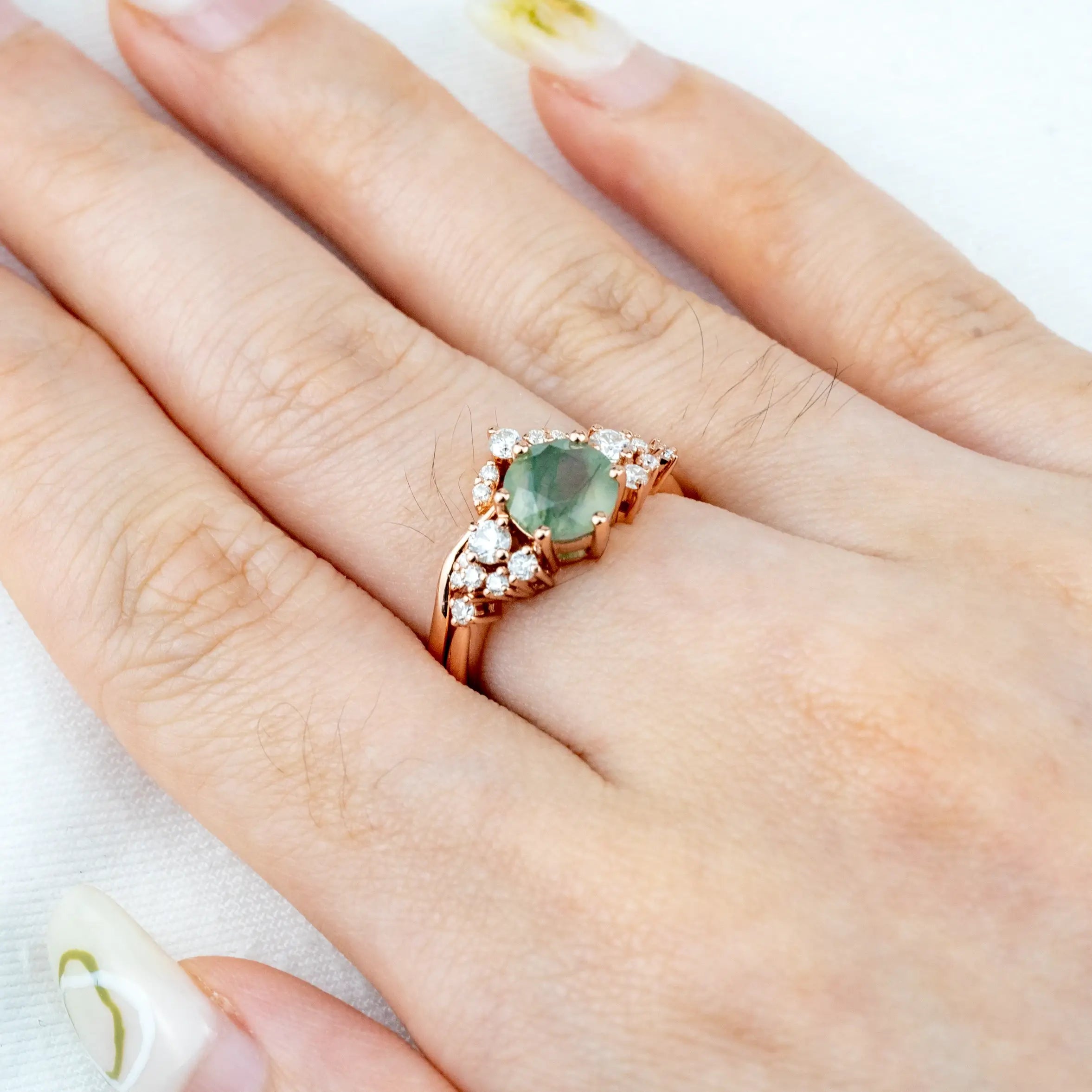 Moss Agate Ring Set Custom Moissanite Accents Cluster Ring for women gift anniversary rings