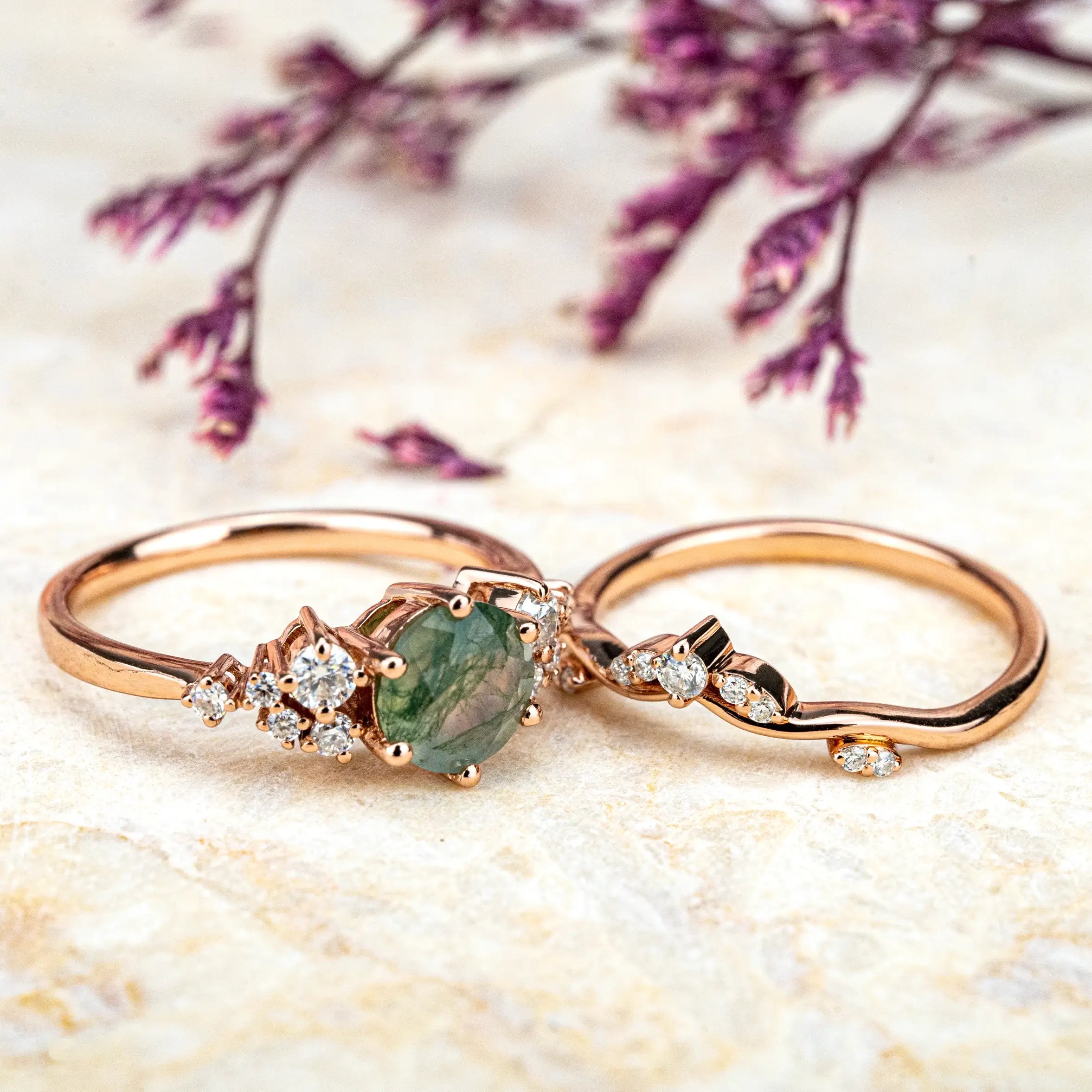 Moss Agate Ring Set Custom Moissanite Accents Cluster Ring for women gift anniversary rings wedding band