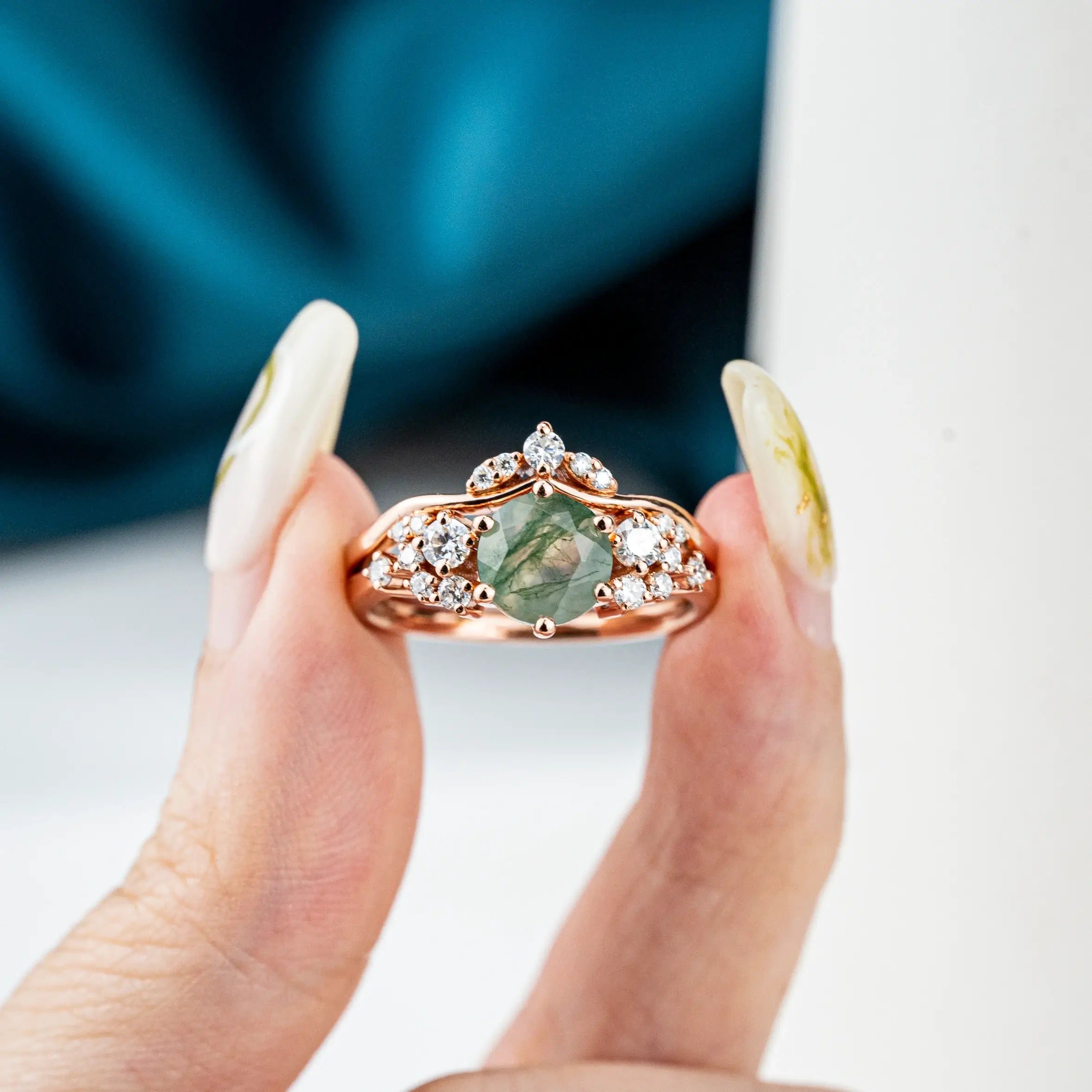 natural Moss Agate Ring Set Custom Moissanite Accents Cluster Ring for women gift anniversary rings