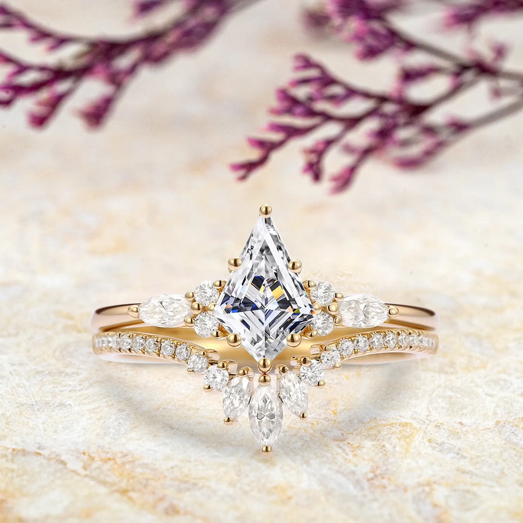 Kite Cut Moissanite Engagement Ring Set – Unique Luxurious 18K Gold Ring modern Bridal Sets