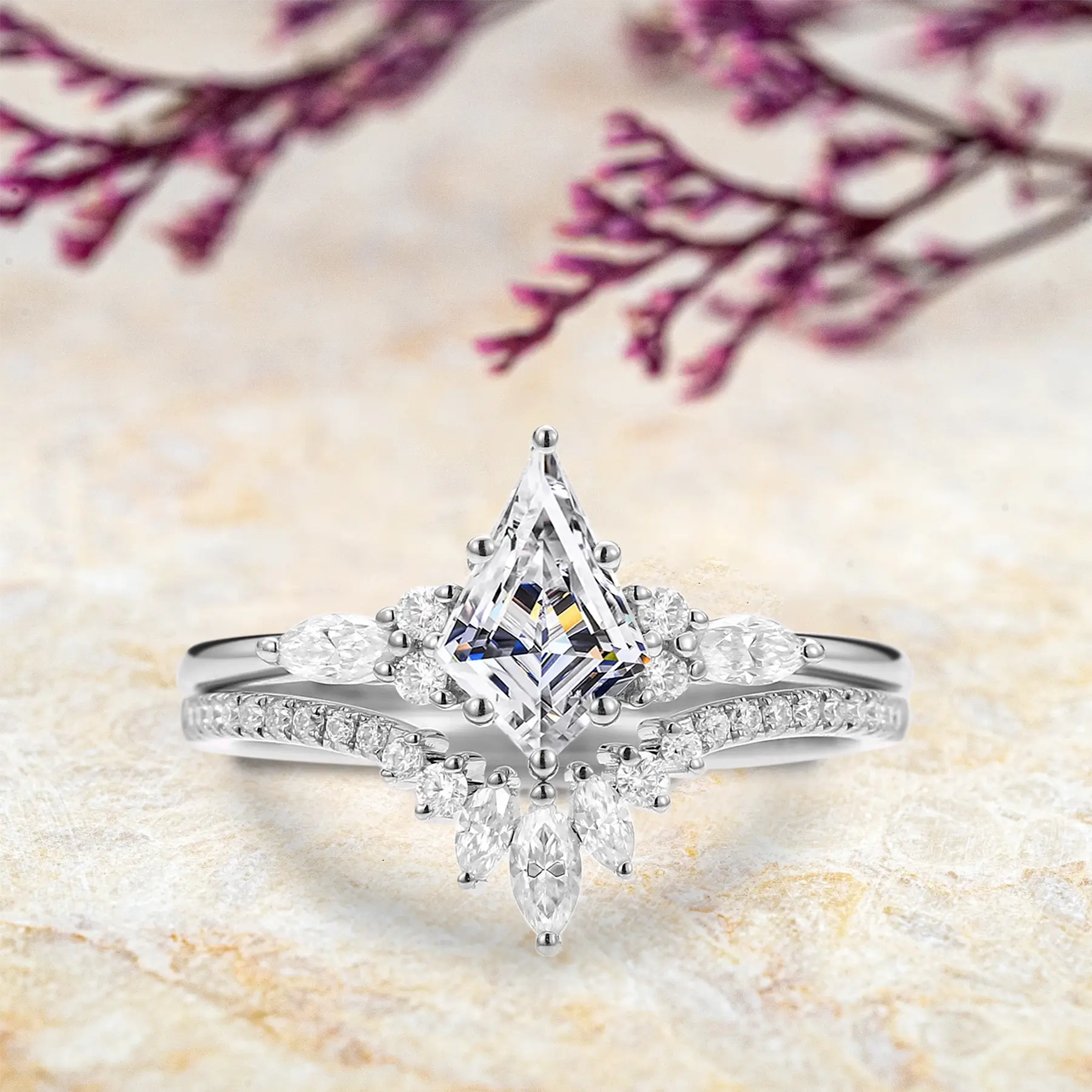 handmade kite-cut moissanite engagement ring set, featuring brilliant moissanite accents 18k white gold ring