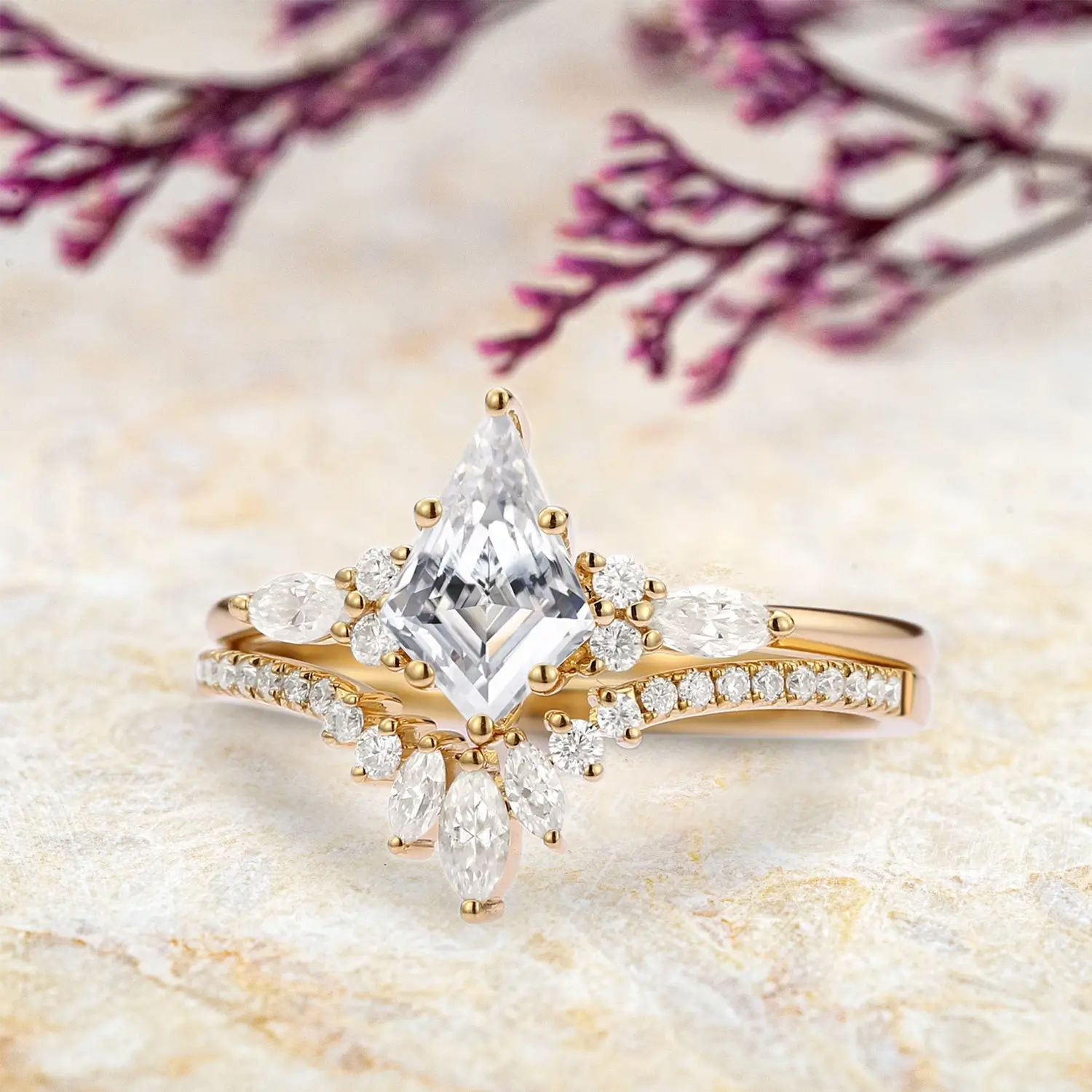 Kite Cut Moissanite Engagement Ring Set – Unique Luxurious 18K Gold Ring modern Bridal Sets